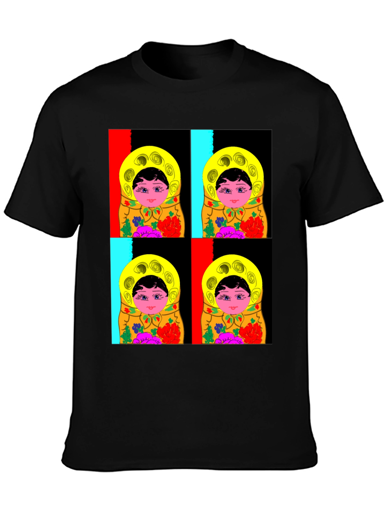 Black Matryoshka Doll Graphic T-Shirt, Black Cotton Tee view 3