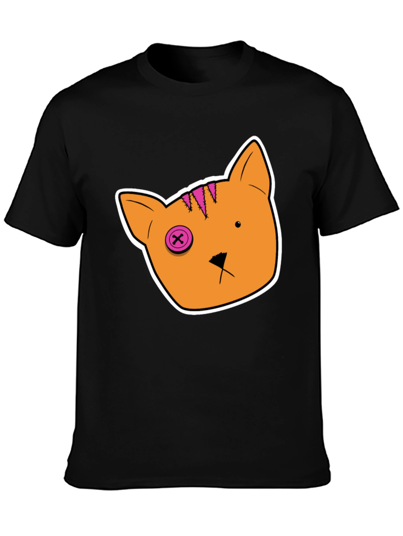 Black Cartoon Cat Tee: Black Cotton T-Shirt view 3