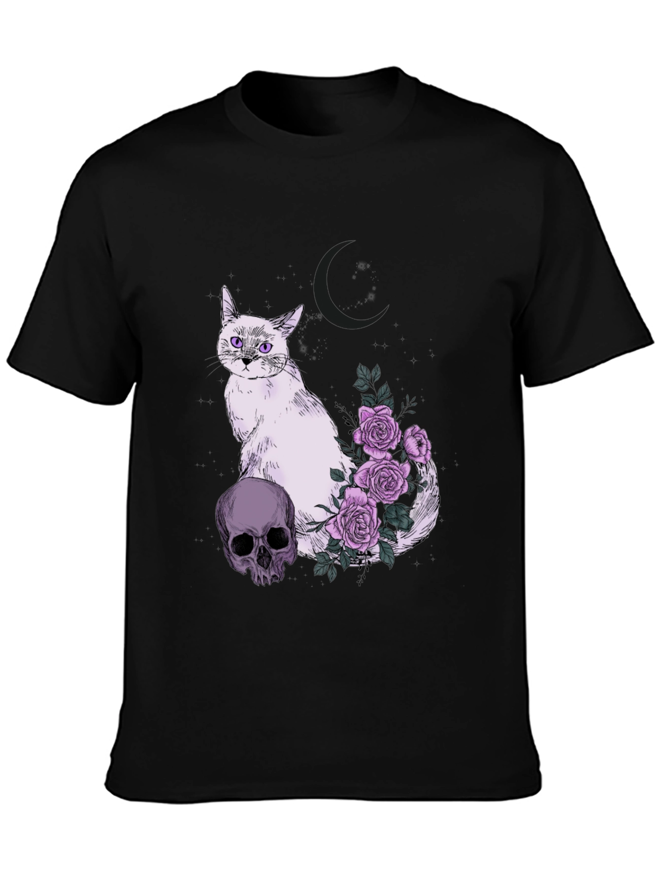 Black Gothic Cat Skull & Roses T-Shirt view 3