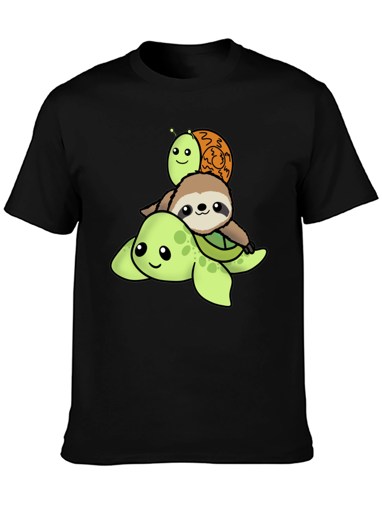 Black Turtle, Sloth, Snail Cartoon Stack T-Shirt view 3