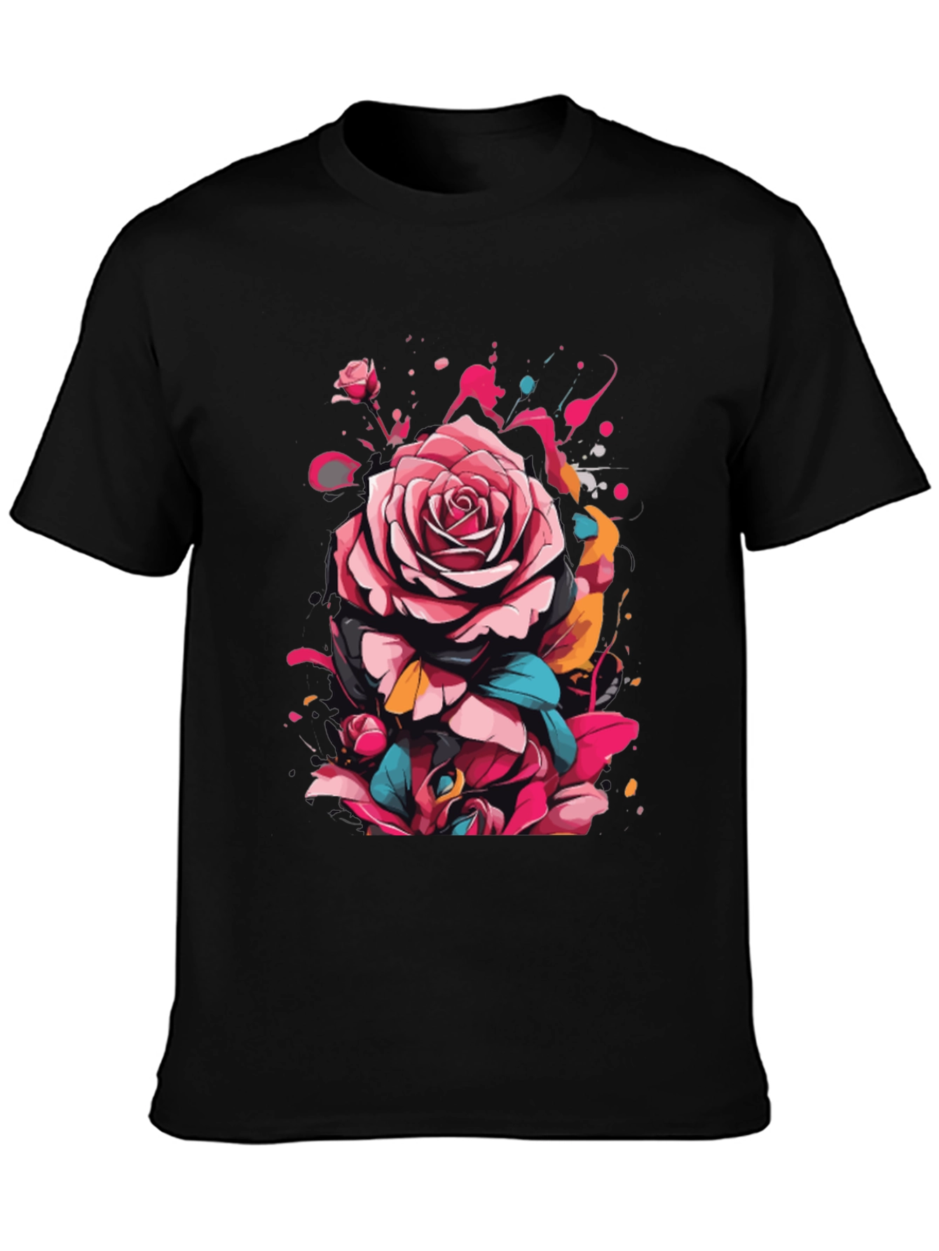 Black Floral Rose Graphic Tee - Abstract Art Shirt view 3