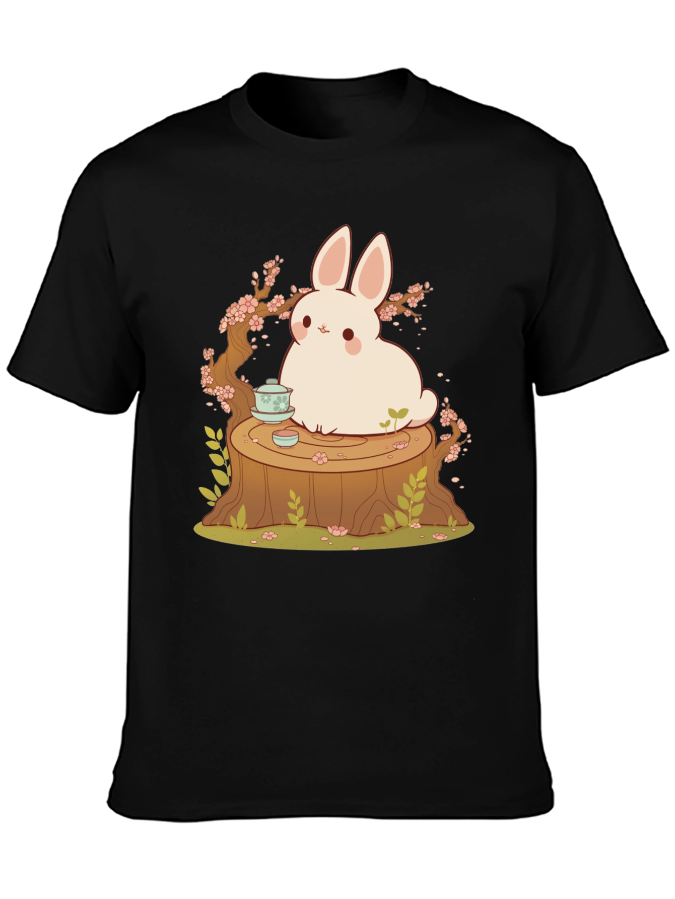 Black Cute Bunny and Tea Tree Stump Black T-Shirt view 3