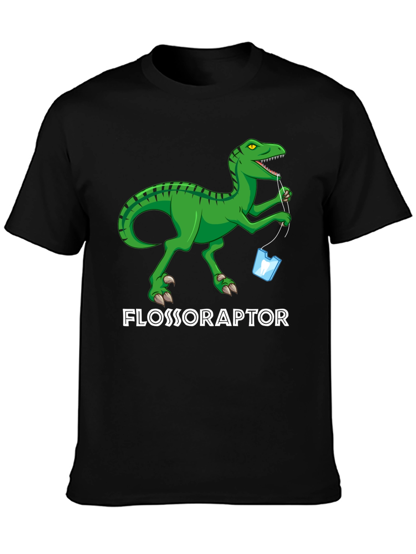 Black Flossoraptor T-Shirt - Dental Hygiene Dinosaur Tee view 3
