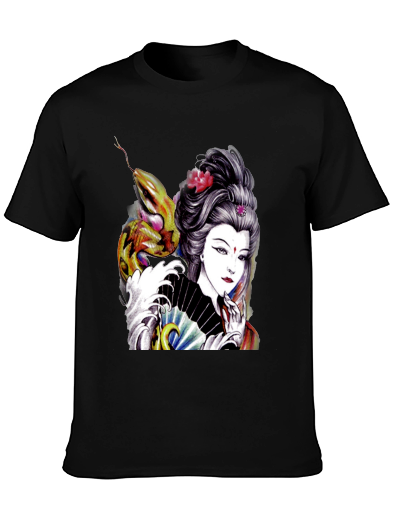 Black Geisha Snake Graphic Print Black T-Shirt view 3