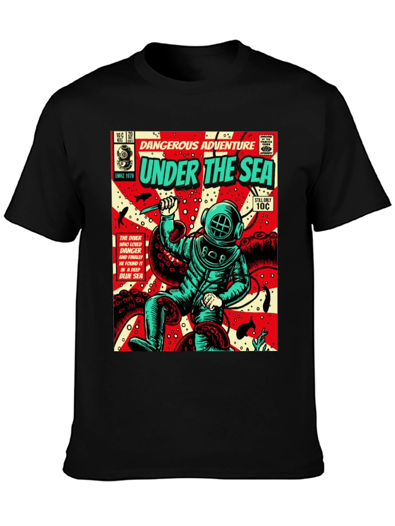 Black Under the Sea Comic Diver T-Shirt view 3