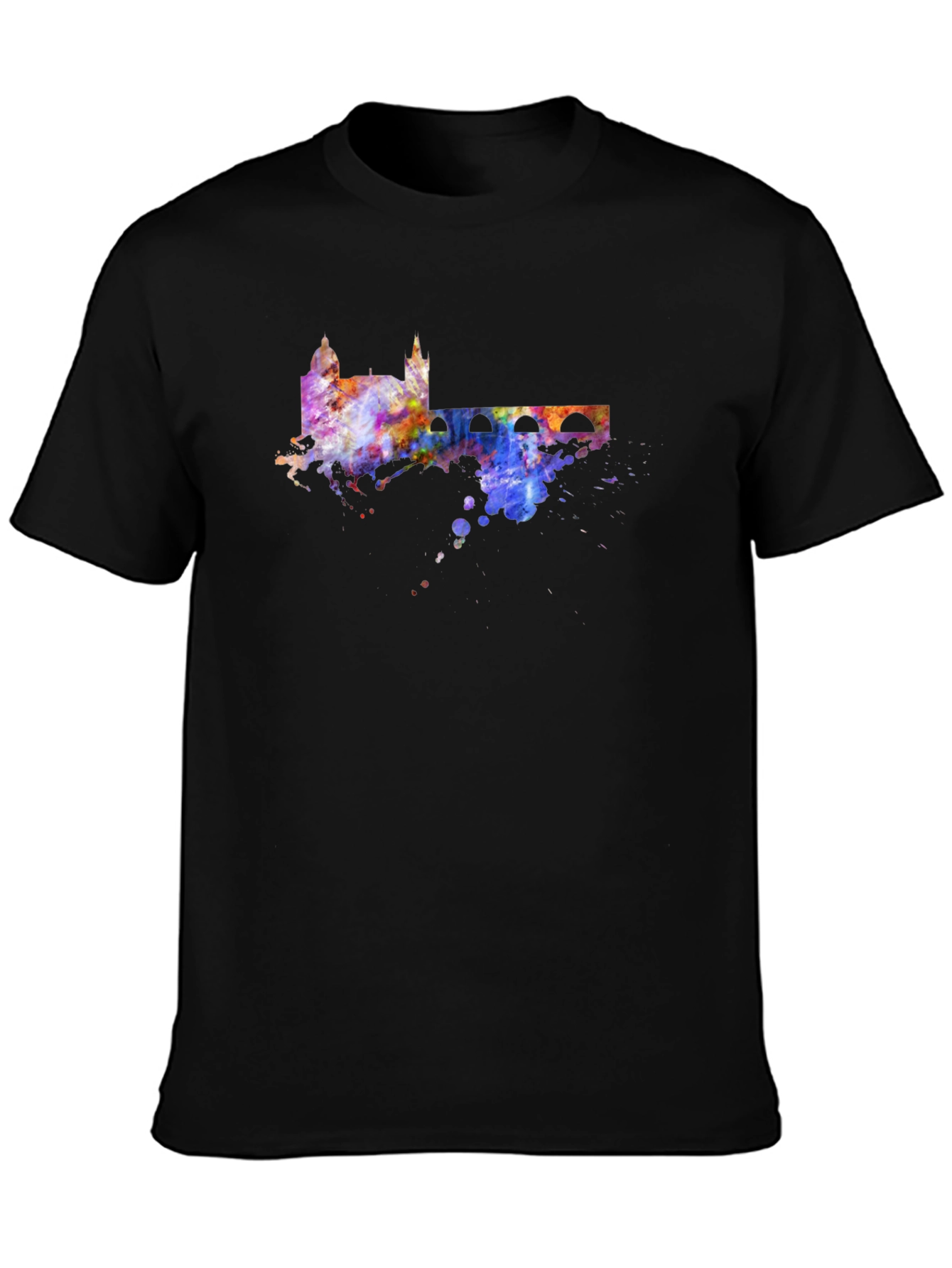 Black Watercolor Cityscape Black T-Shirt view 3