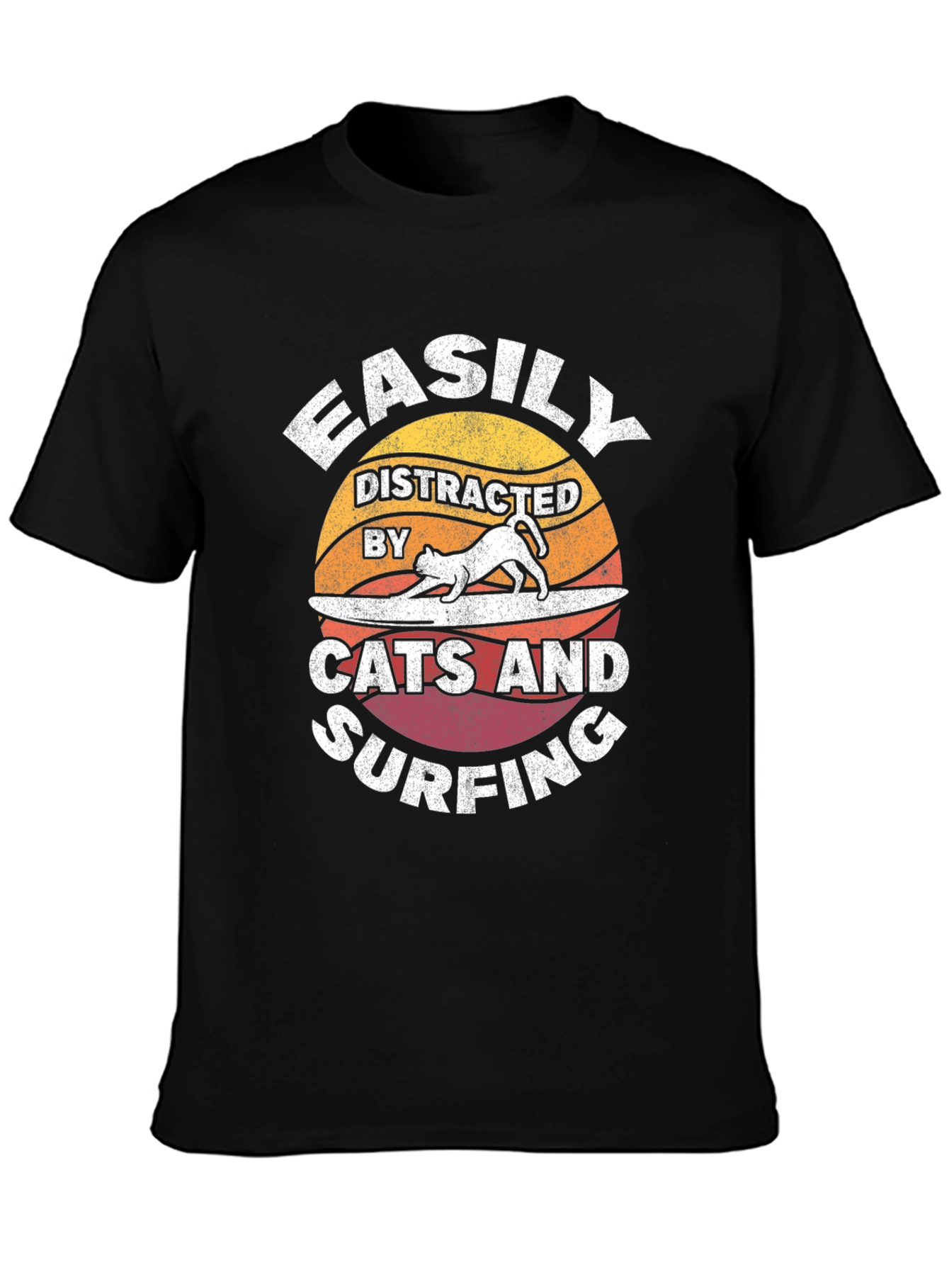 Black Easily Distracted Cats & Surfing T-Shirt view 3