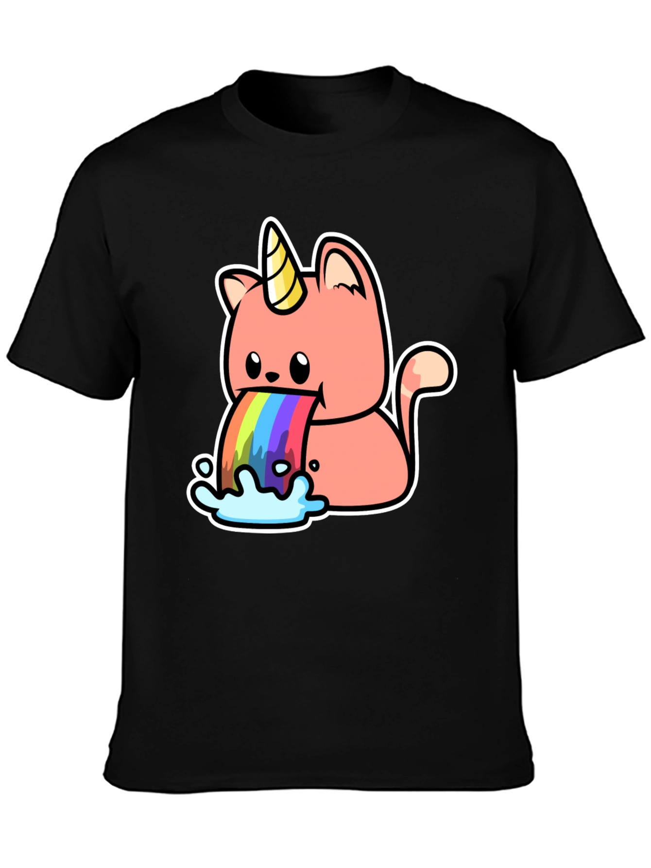 Black Unicorn Cat Rainbow Puke T-Shirt view 3