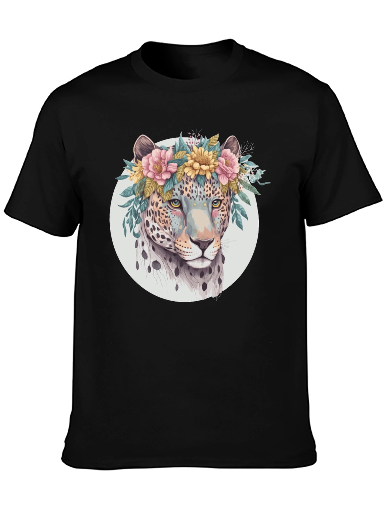 Black Floral Leopard Print Black T-Shirt view 3