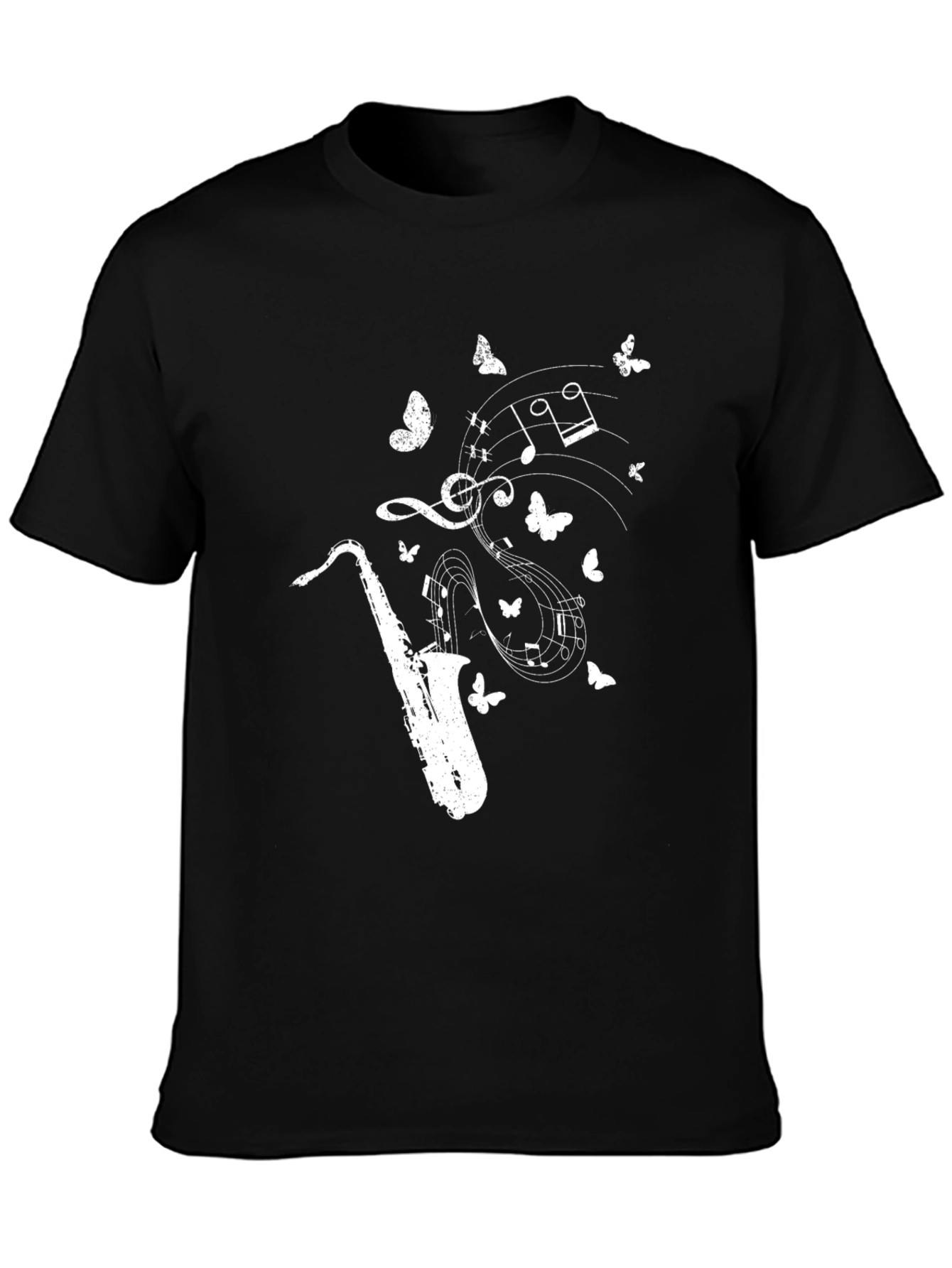 Black Saxophone Music Notes Butterfly Graphic Tee view 3