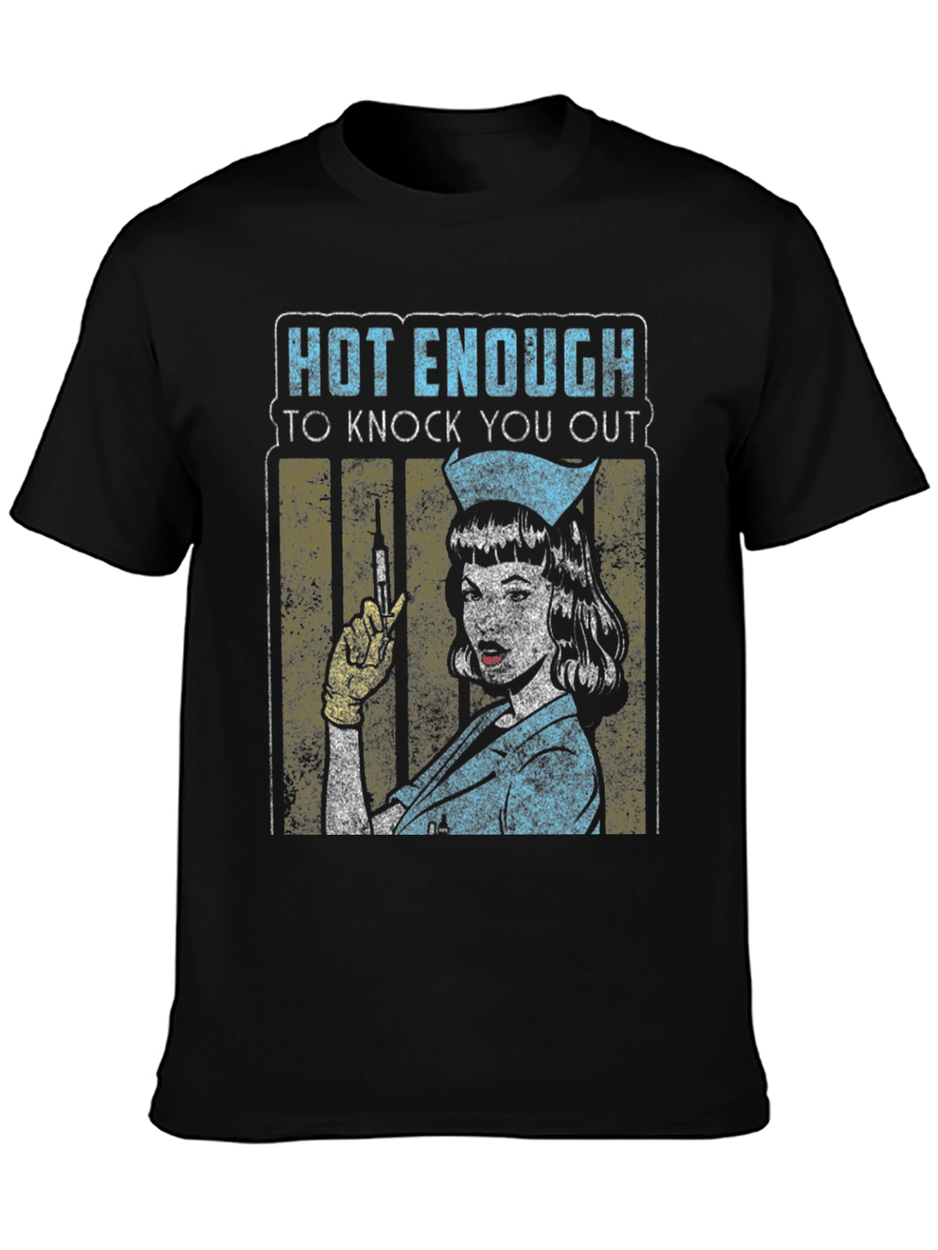 Black Hot Enough Nurse T-Shirt - Knock You Out Retro Design view 3