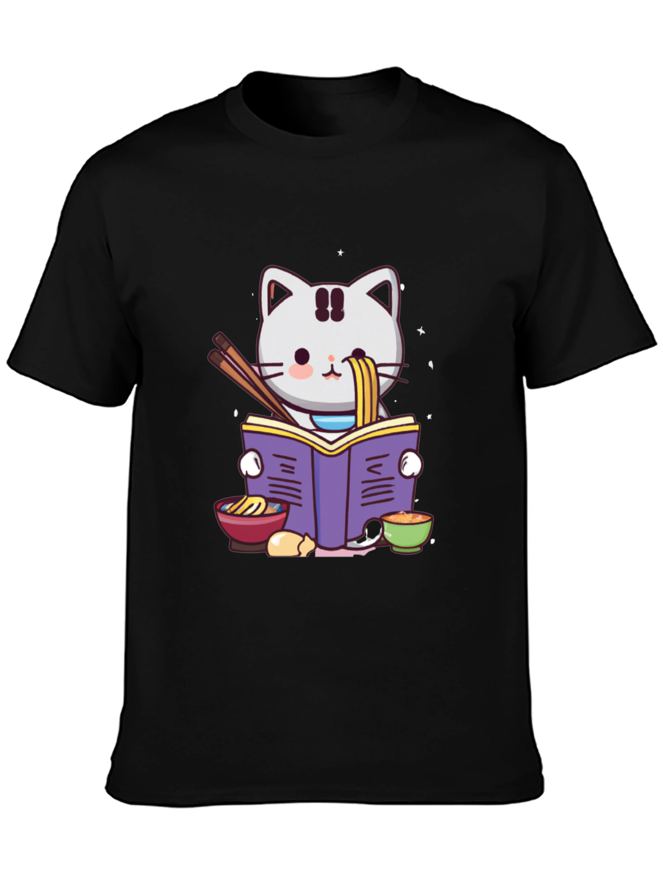 Black Ramen Cat Reading T-Shirt view 3