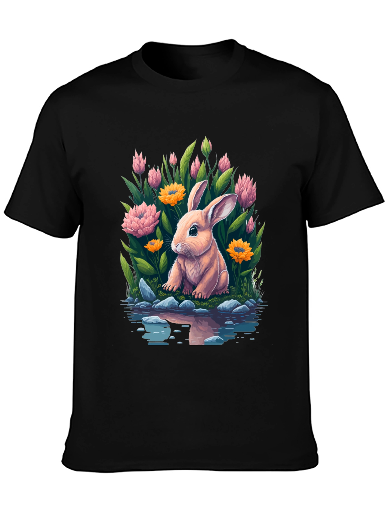 Black Bunny & Blooms Graphic Tee - Men's Black T-Shirt view 3