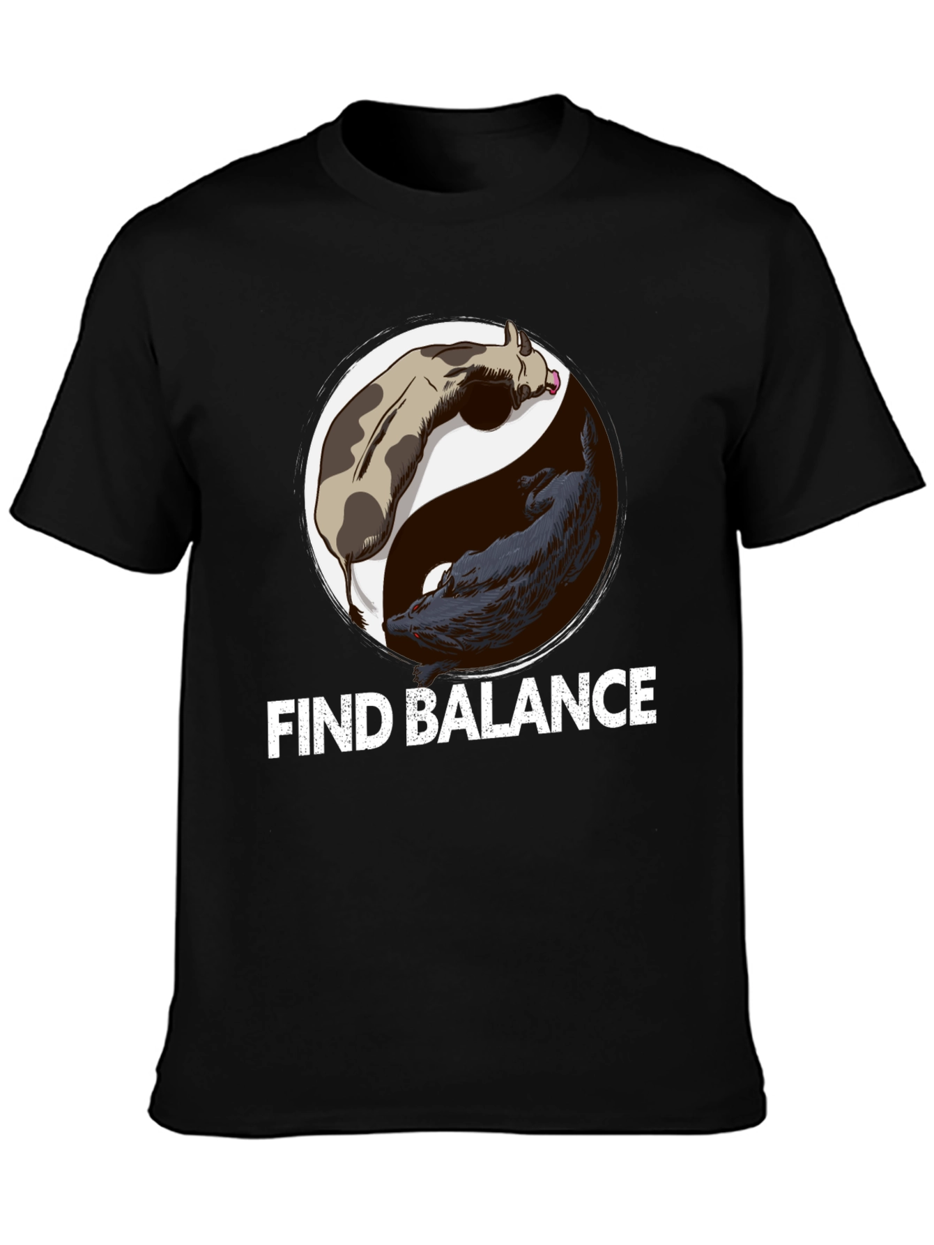 Black Find Balance Yin Yang Cow Wolf Graphic T-Shirt view 3