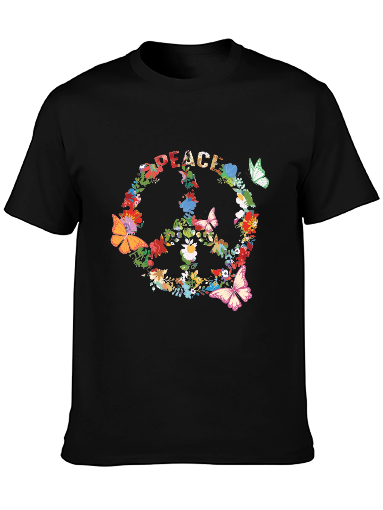 Black Floral Peace Sign T-Shirt - Retro Hippie Style view 3