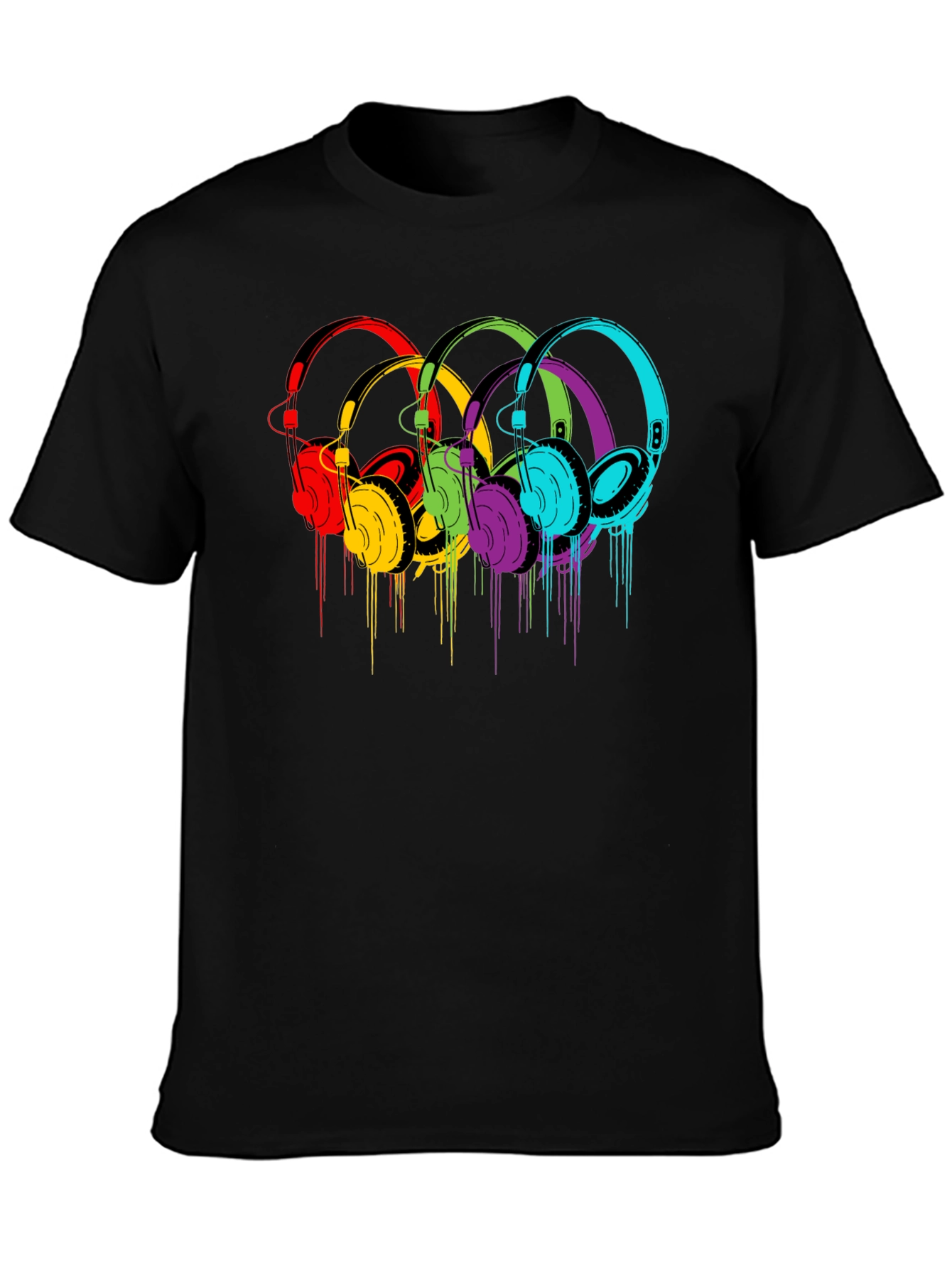 Black Colorful Headphones Graphic Black T-Shirt view 3