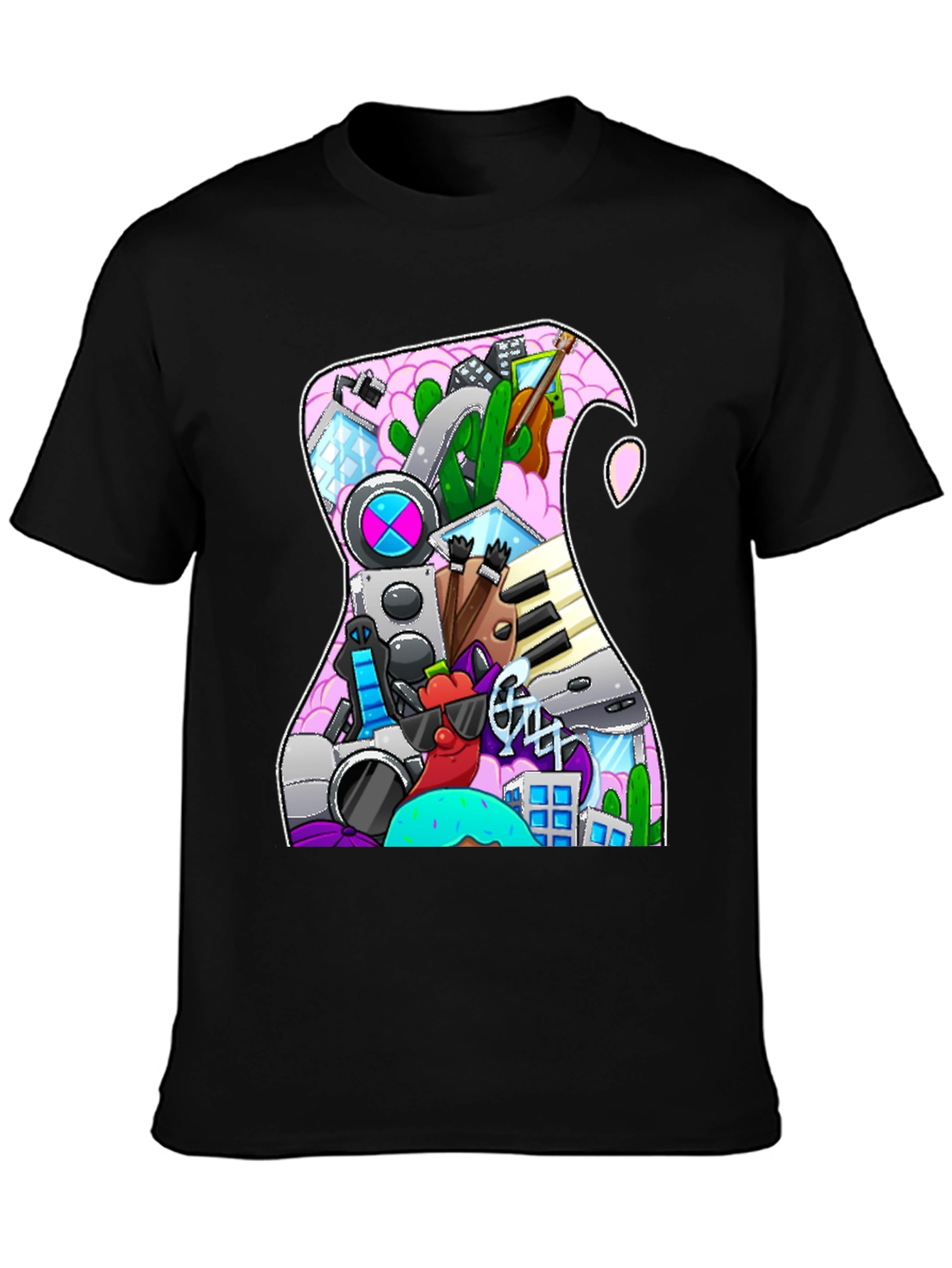 Black Doodle Guitar T-Shirt view 3