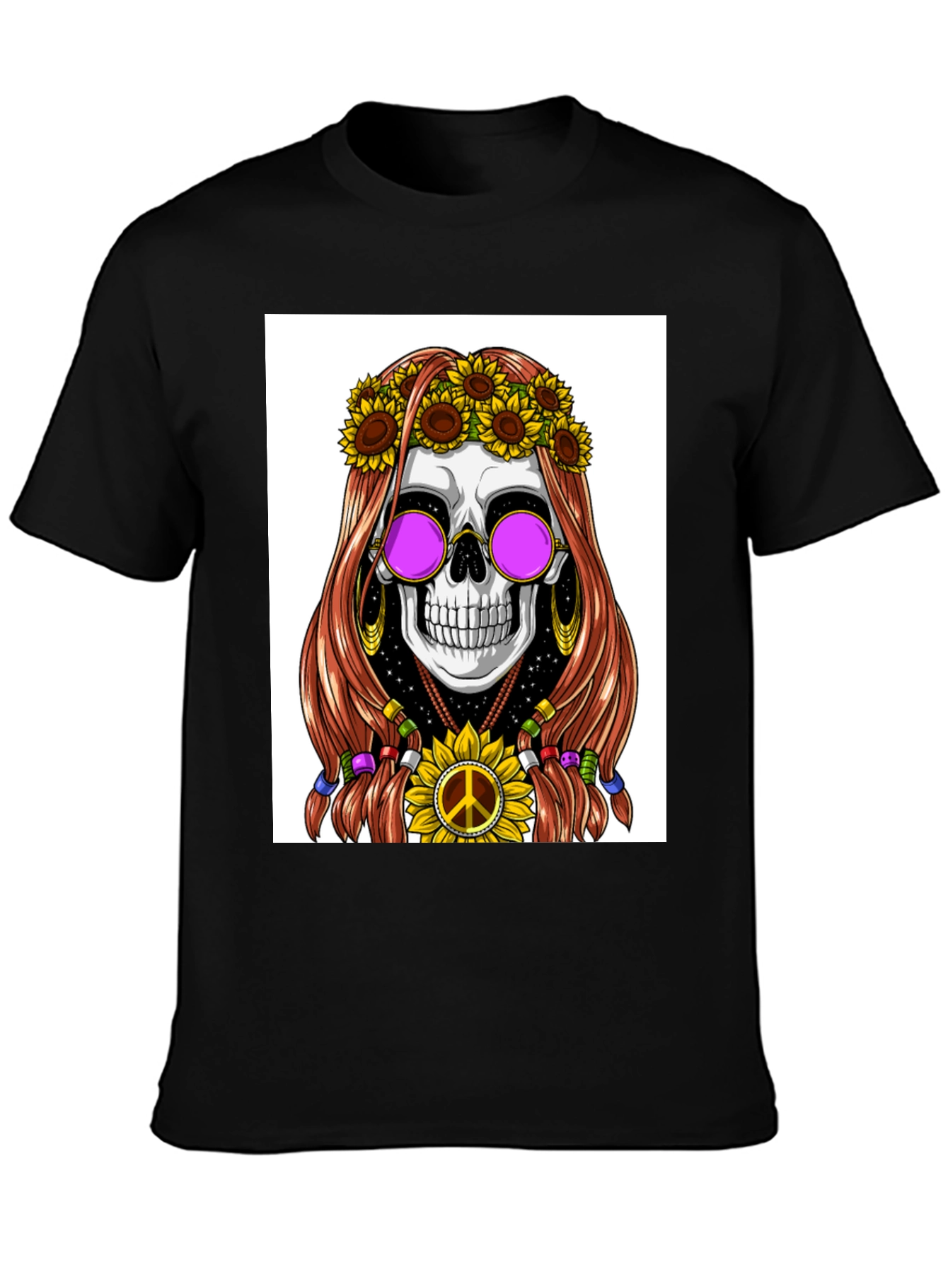 Black Hippie Skull Graphic T-Shirt view 3