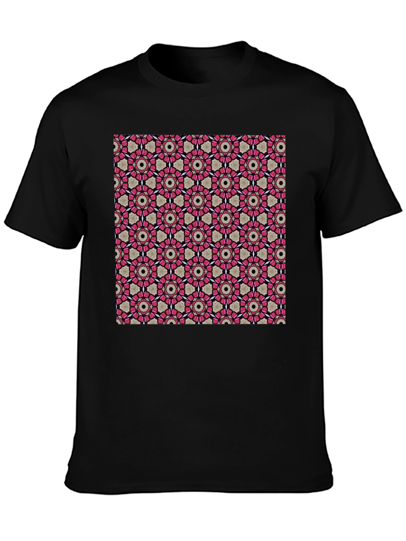 Black Geometric Pattern T-Shirt: Stylish Floral Design view 3