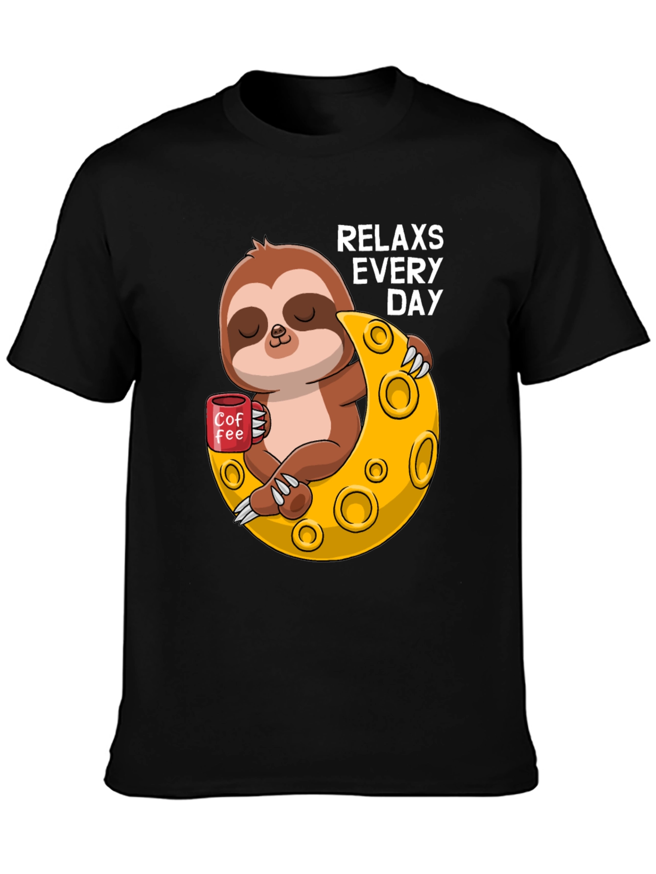 Black Relax Sloth on Moon T-Shirt view 3
