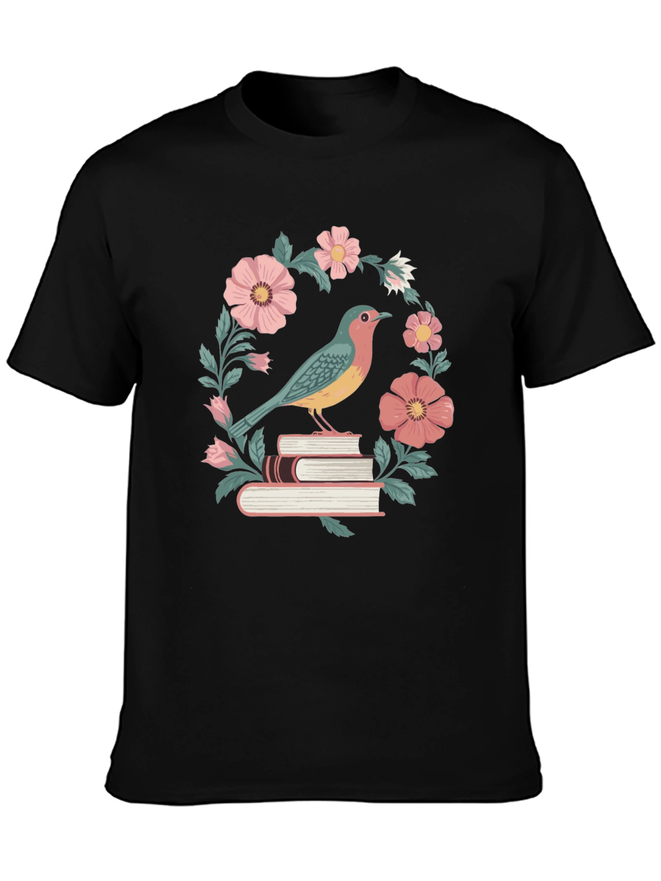 Black Bird on Books Floral T-Shirt view 3