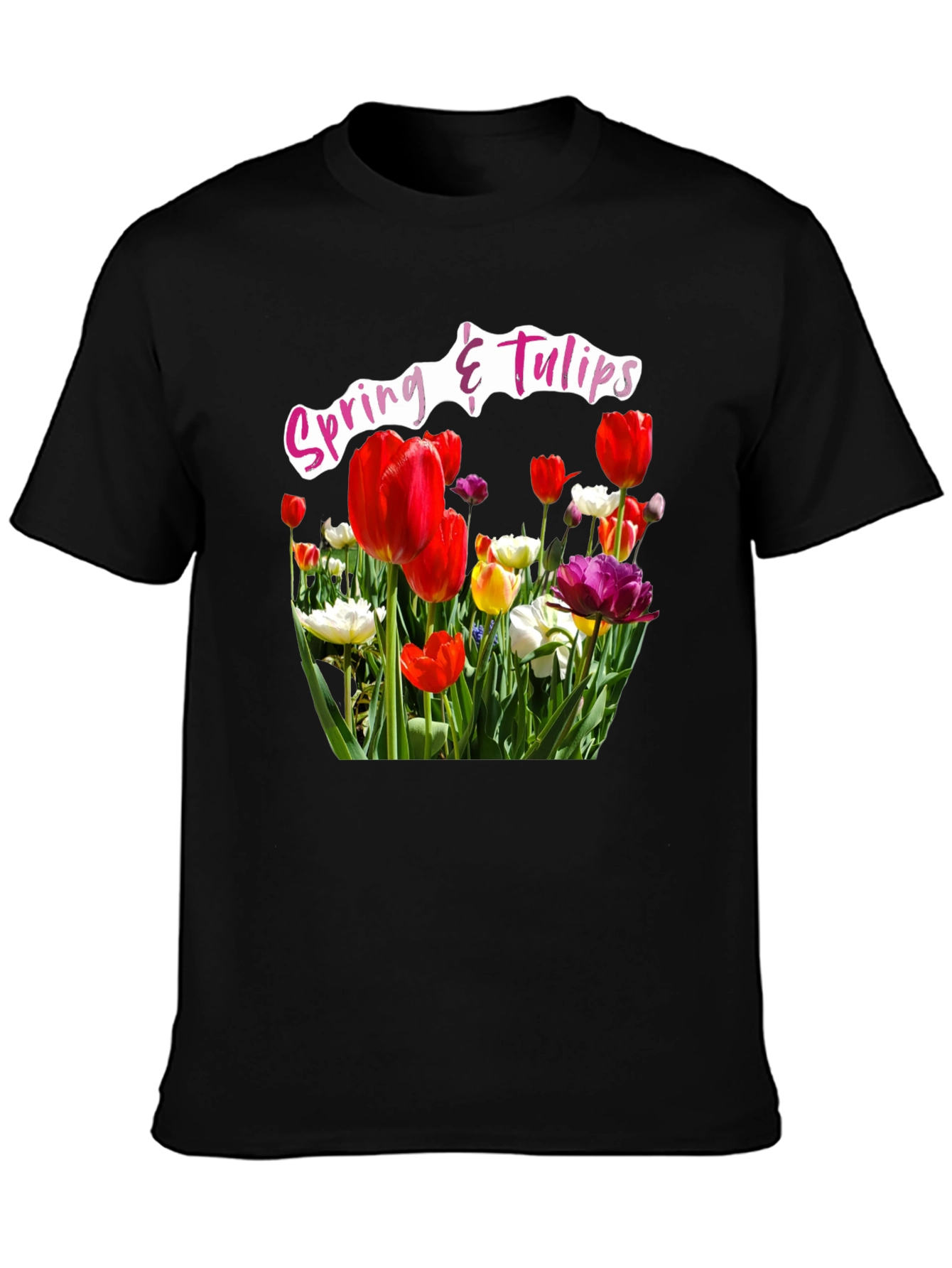 Black Spring & Tulips Black T-Shirt view 3
