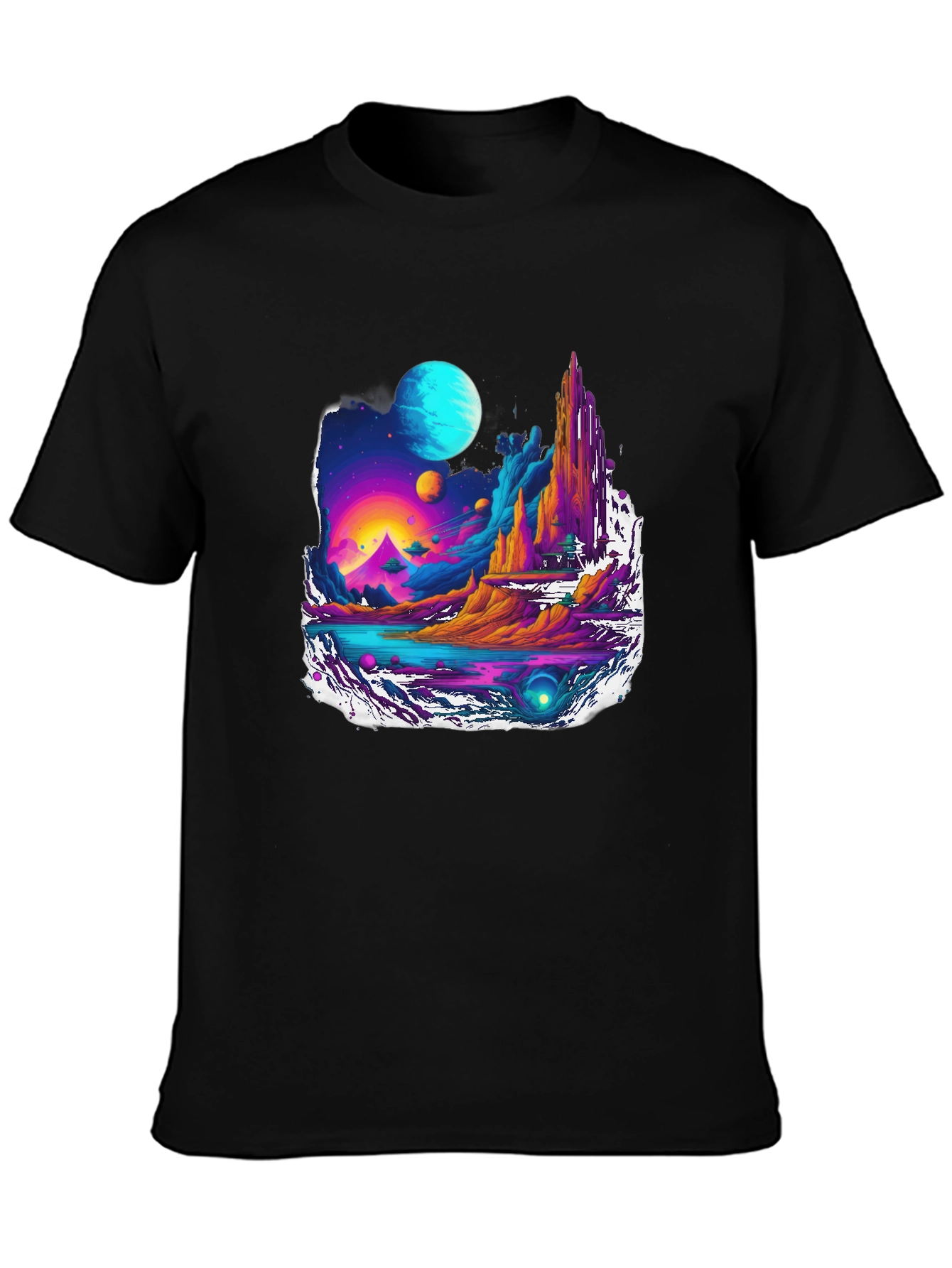 Black Vibrant Sci-Fi Landscape Graphic Tee view 3