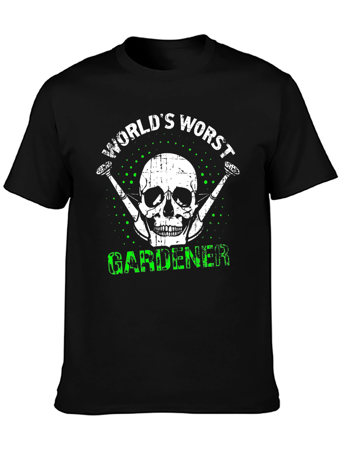 Black World's Worst Gardener T-Shirt - Skull & Watering Can Design view 3