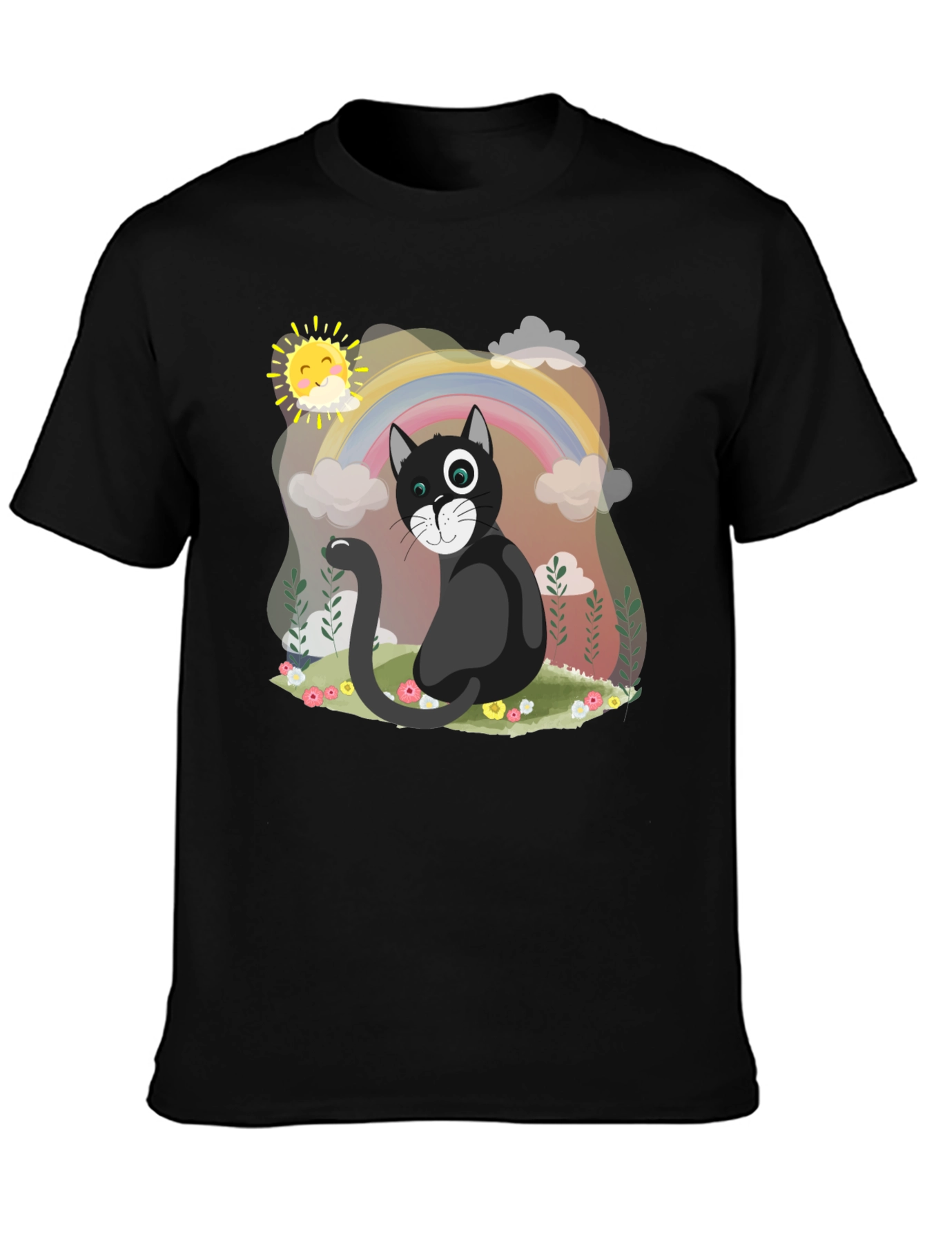Black Whimsical Cat Rainbow T-Shirt view 3