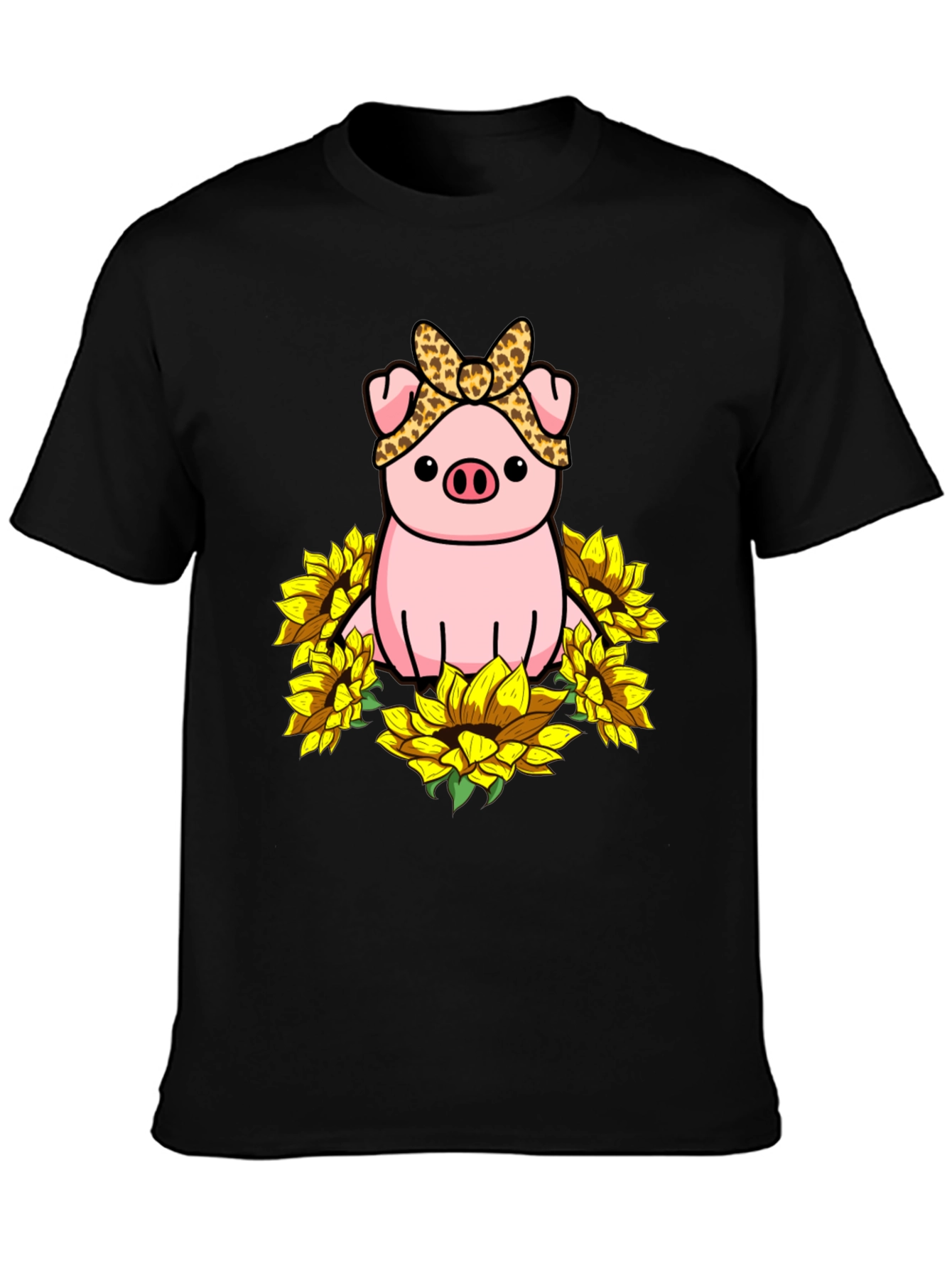 Black Cute Pig Sunflower Graphic T-Shirt view 3