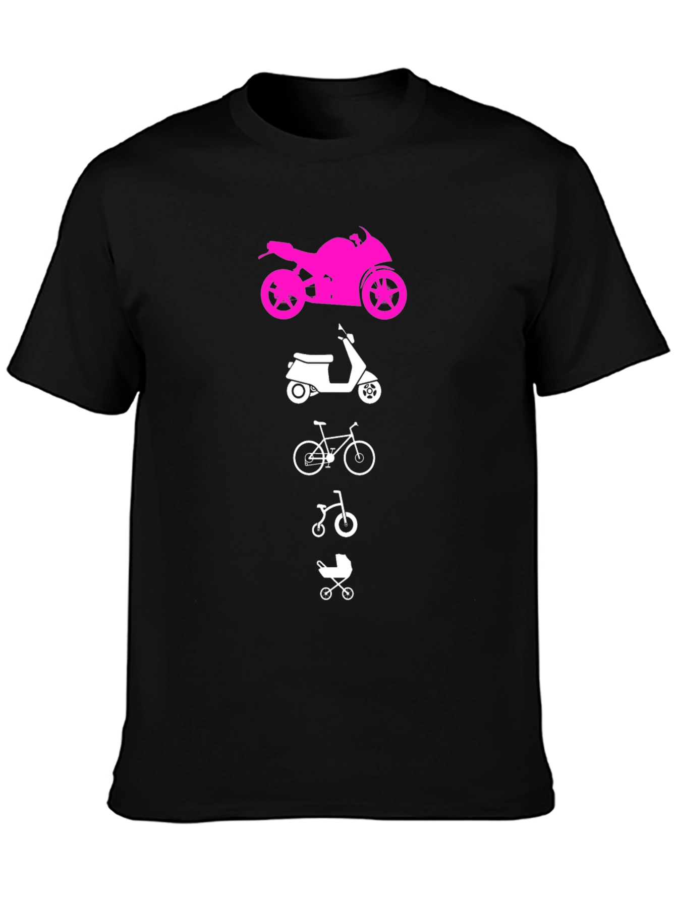 Black Evolution of Man Tee: Motorcycle, Scooter, Bike, Baby Carriage view 3