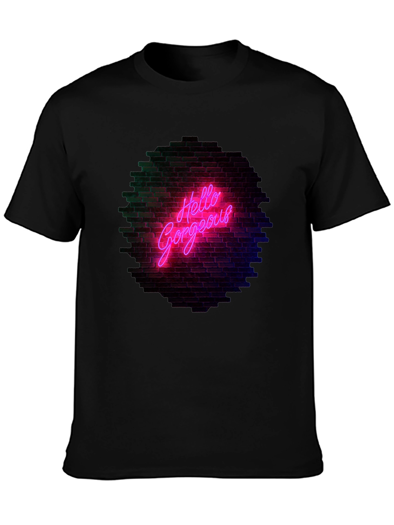 Black Hello Gorgeous Graphic Tee - Neon Brick Wall Design view 3