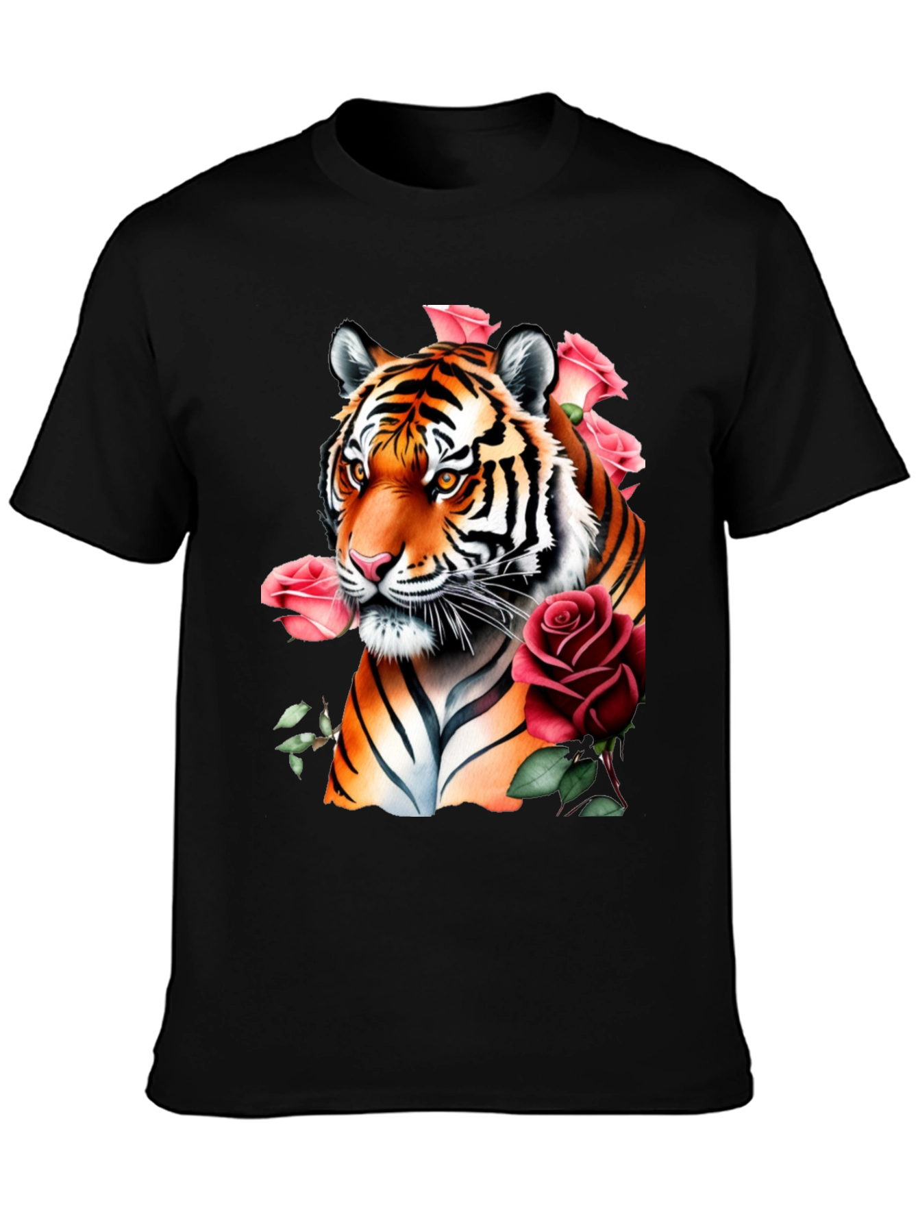 Black Tiger & Roses Graphic Print Black T-Shirt view 3
