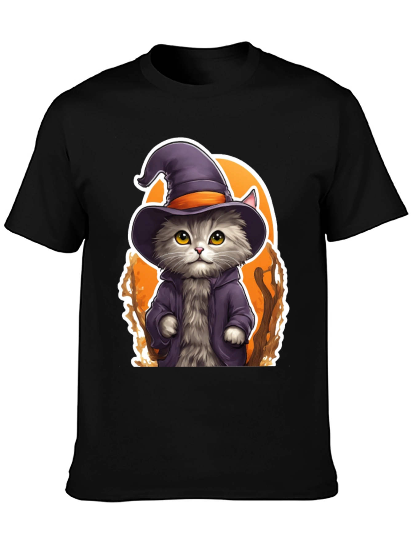 Black Wizard Cat Graphic Tee - Spooky Season Shirt view 3