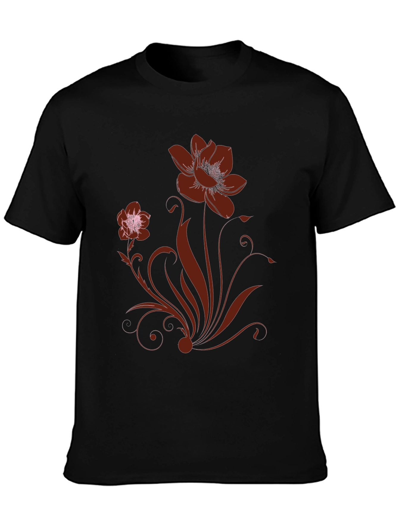 Black Floral Print Black Crew Neck T-Shirt view 3