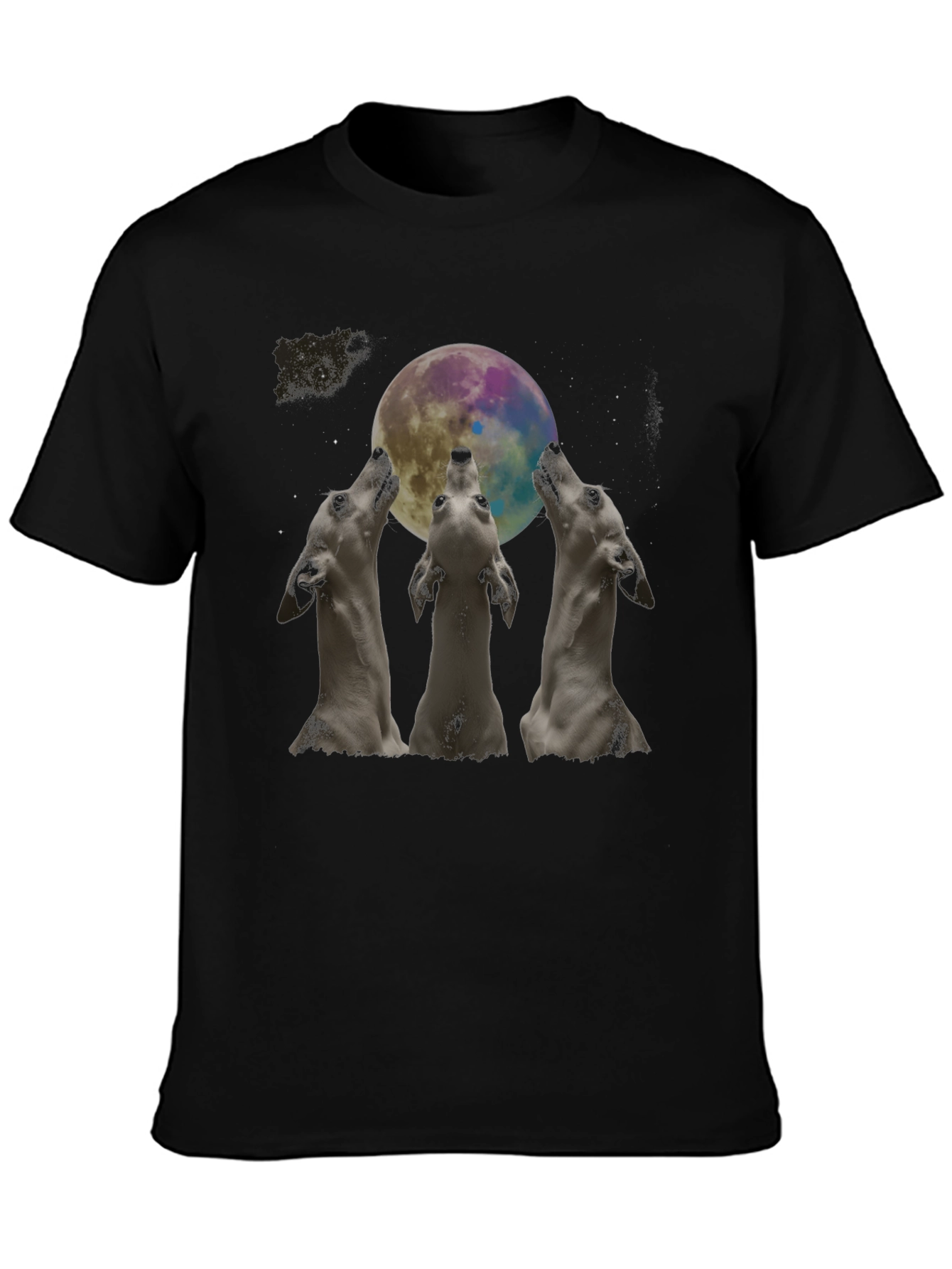 Wolf Howling at Moon Graphic Black T-Shirt - 3