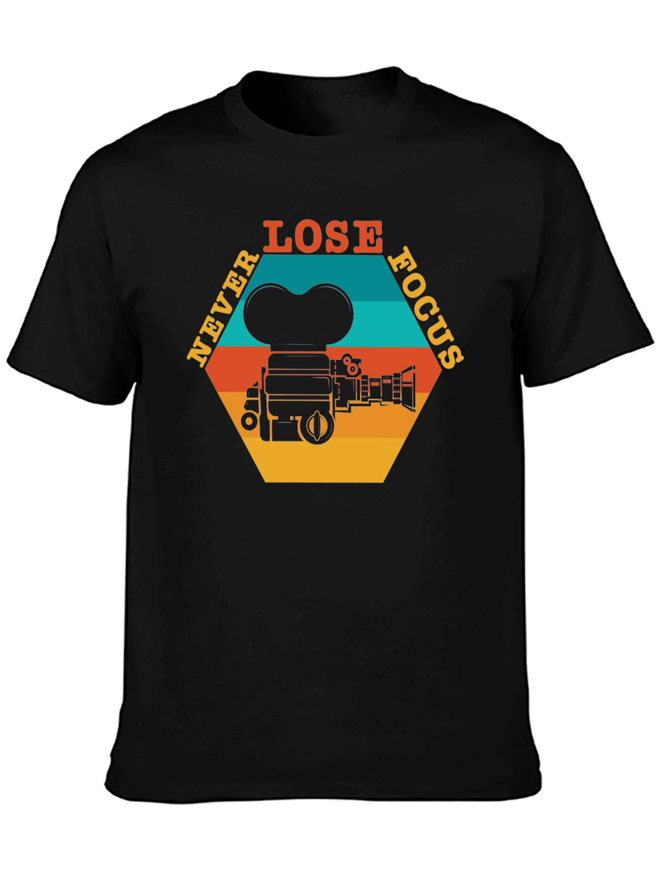 Black Never Lose Focus T-Shirt - Retro Camera Design view 3
