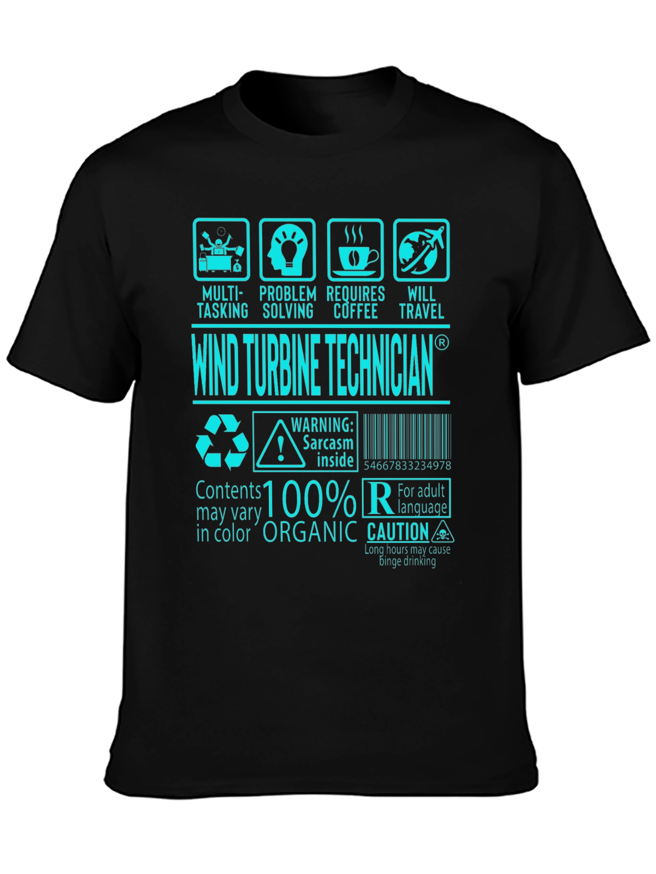 Black Wind Turbine Technician Graphic Tee view 3