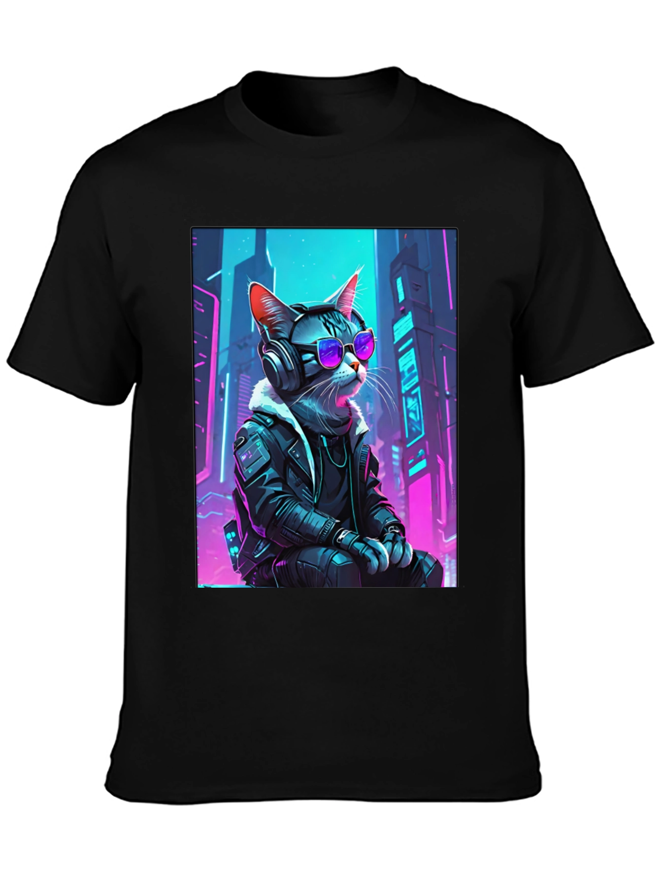 Black Cyberpunk Cat T-Shirt - Cool Neon Design view 3