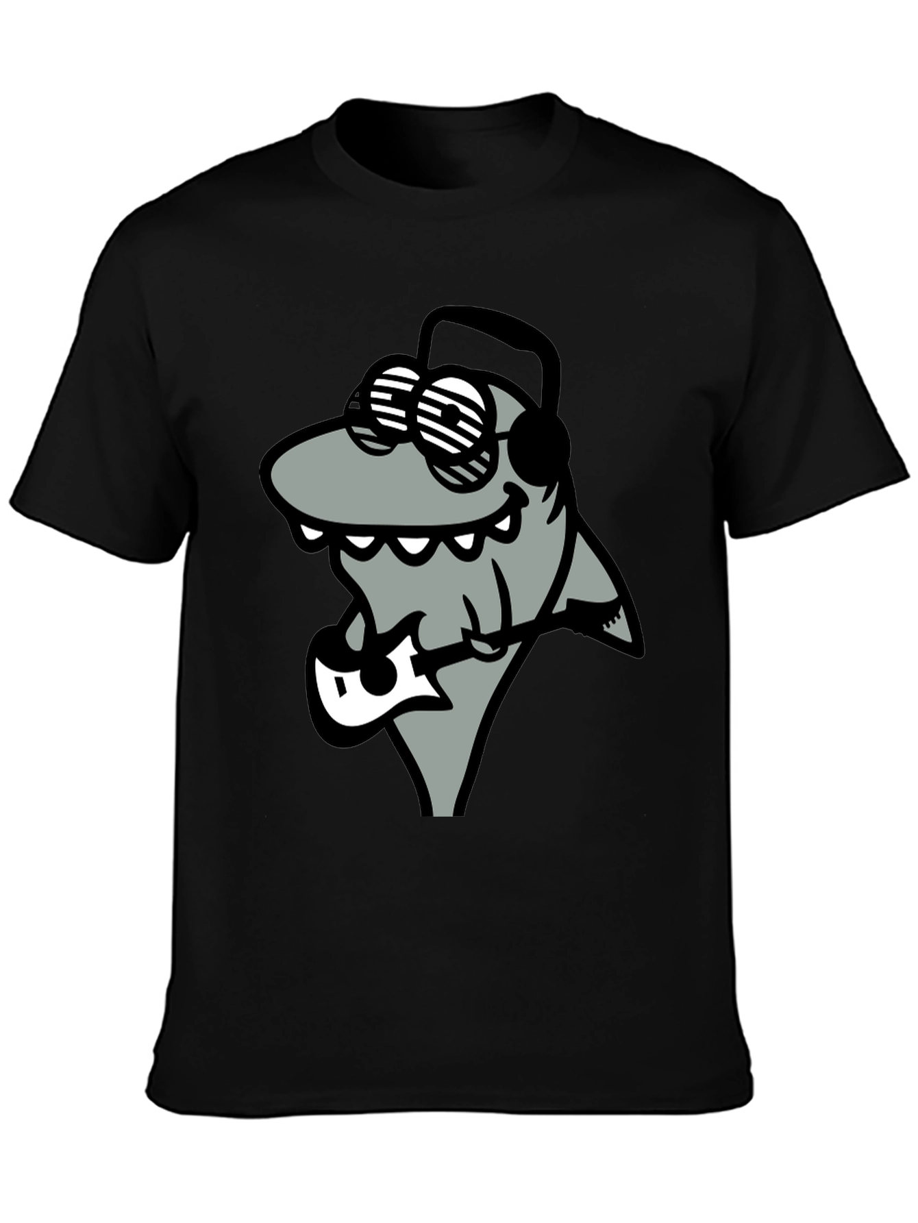 Black Cool Shark Guitarist Graphic Tee view 3