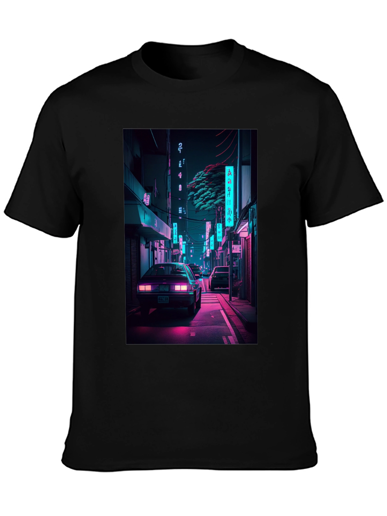 Black Retro Neon City Car Graphic T-Shirt view 3