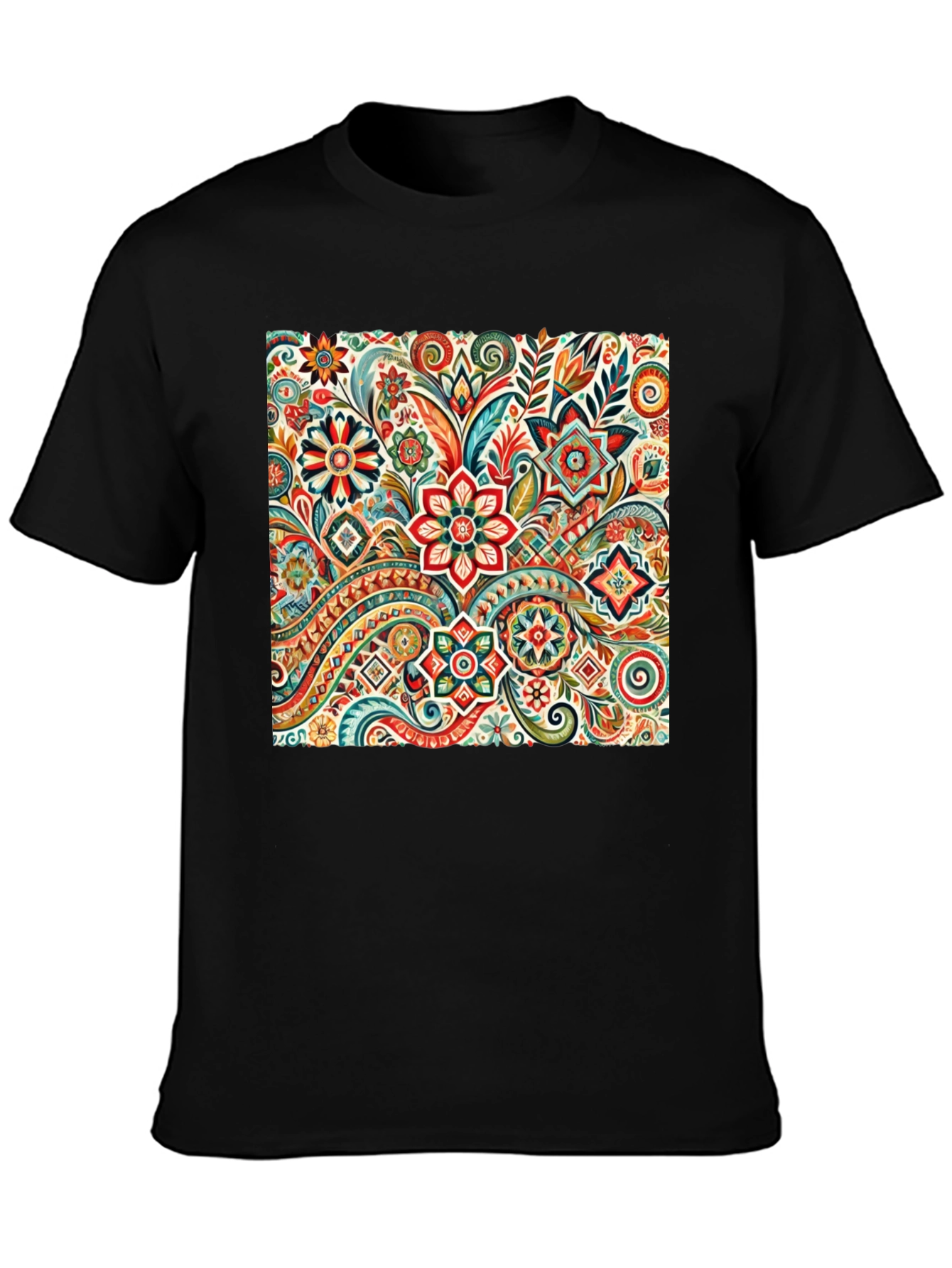 Black Floral Pattern Black T-Shirt: Vibrant & Stylish view 3