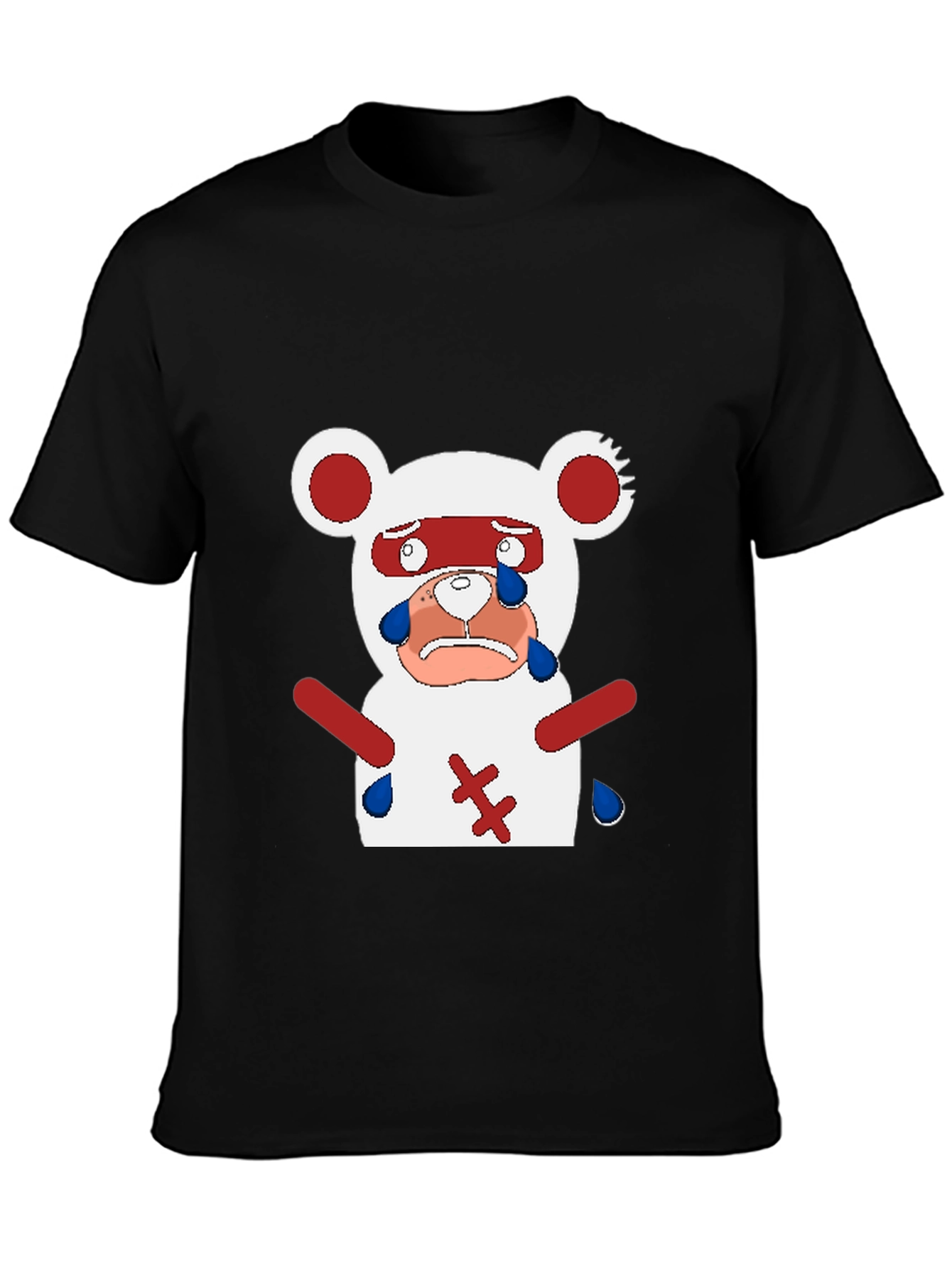 Black Sad Anime Bear T-Shirt - Black Cotton Blend Casual Tee view 3