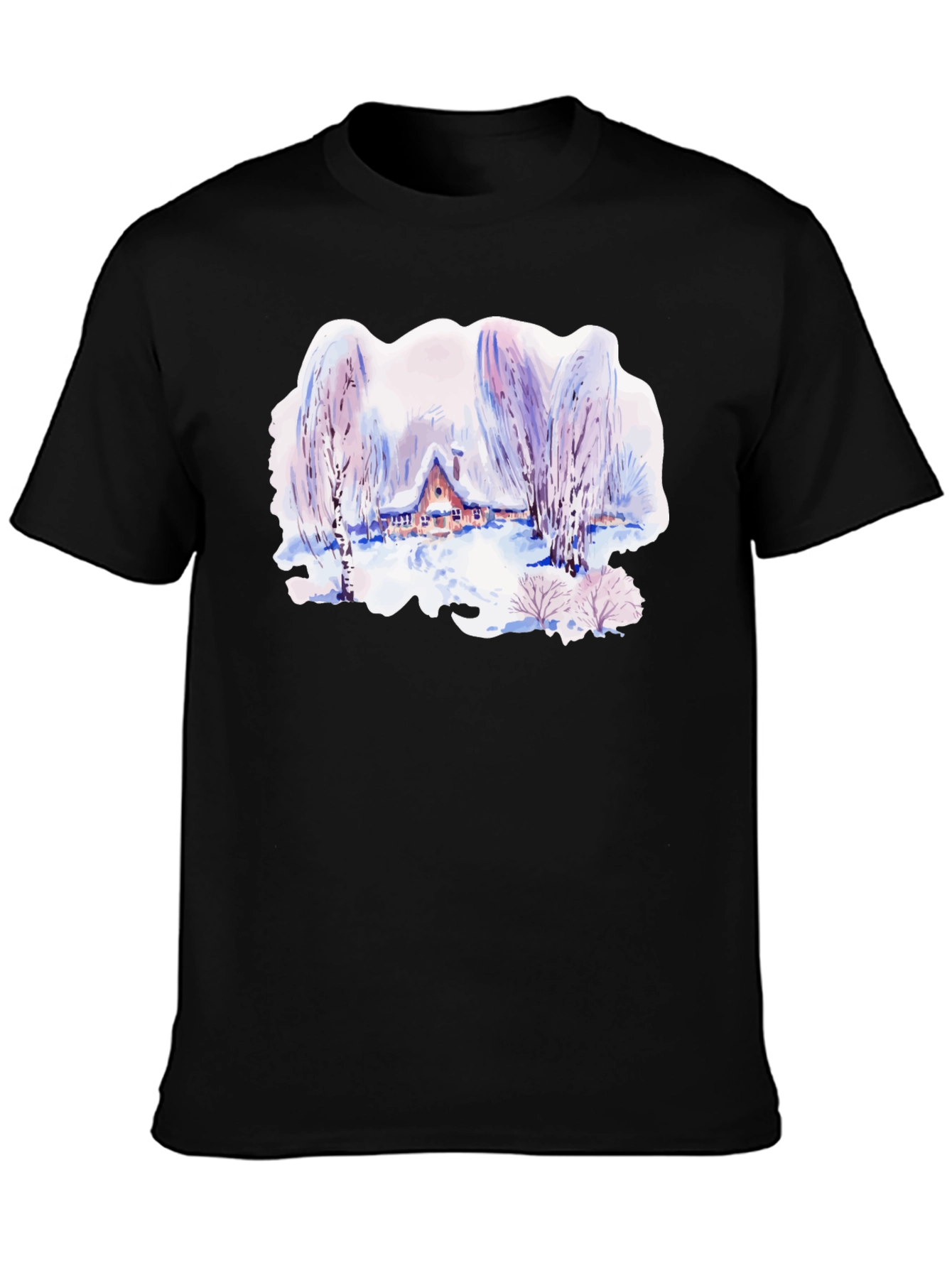 Black Winter Cabin Watercolor Graphic T-Shirt view 3