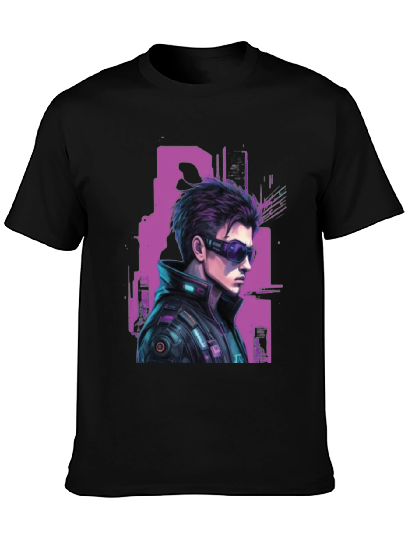 Black Cyberpunk Character Graphic T-Shirt view 3