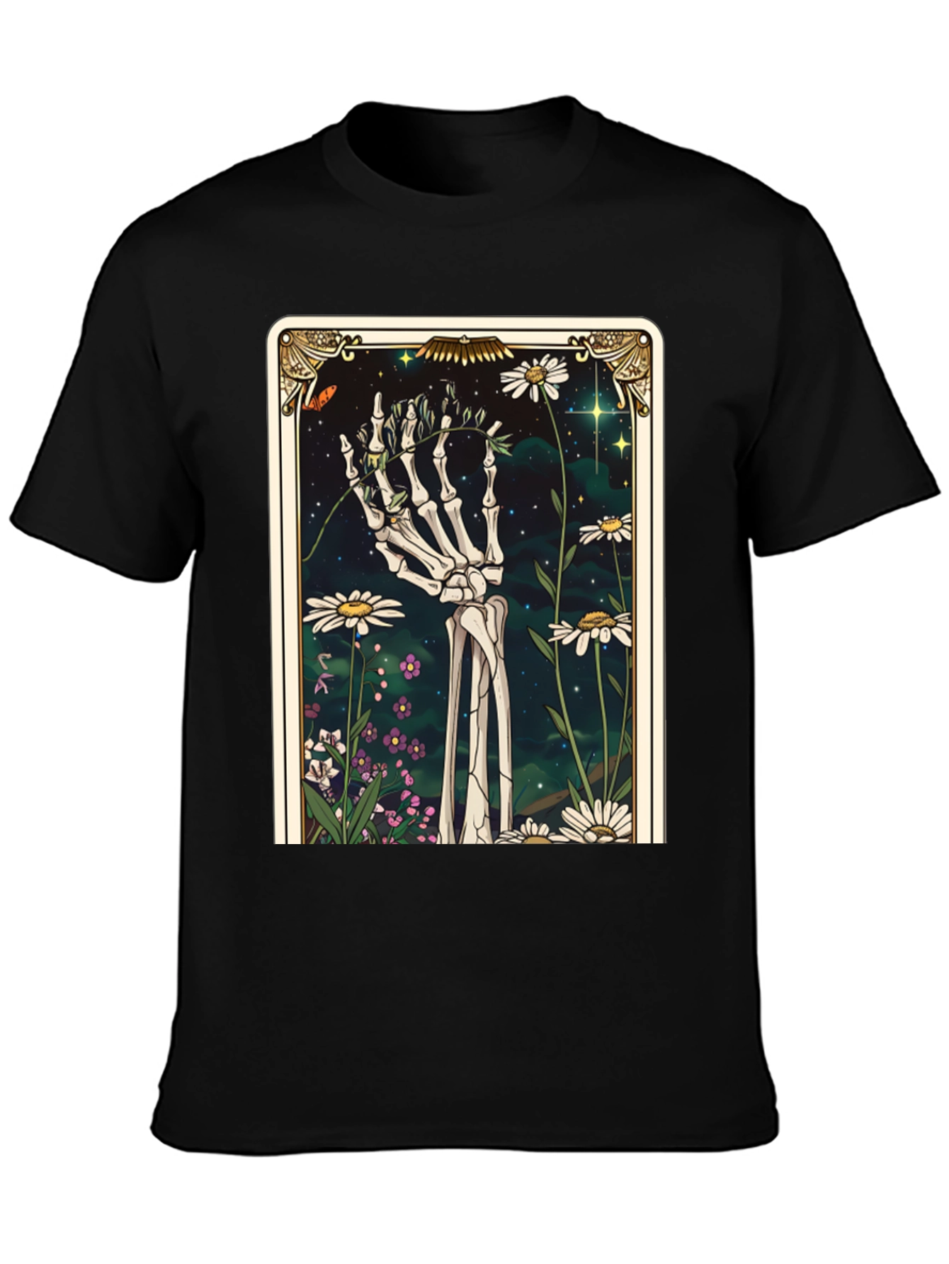 Black Floral Skeleton Tarot Graphic Tee view 3