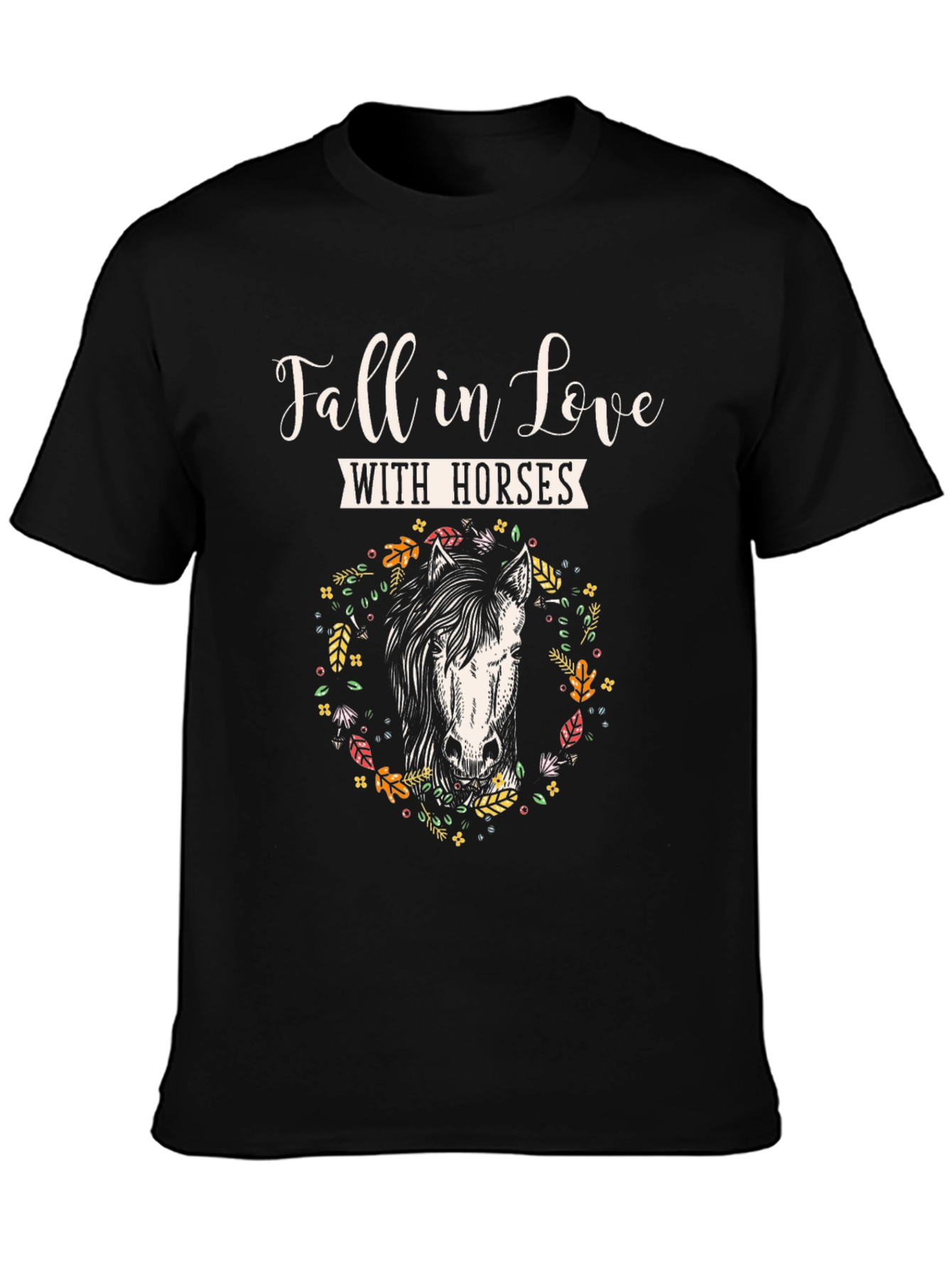 Black Fall in Love with Horses T-Shirt, Floral Horse Tee view 3