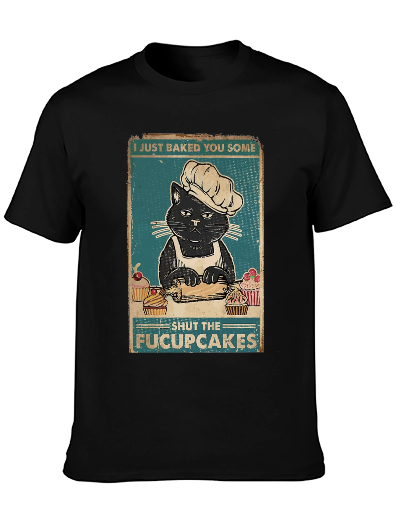 Black Funny Cat Baker T-Shirt - Shut the Fucupcakes! view 3