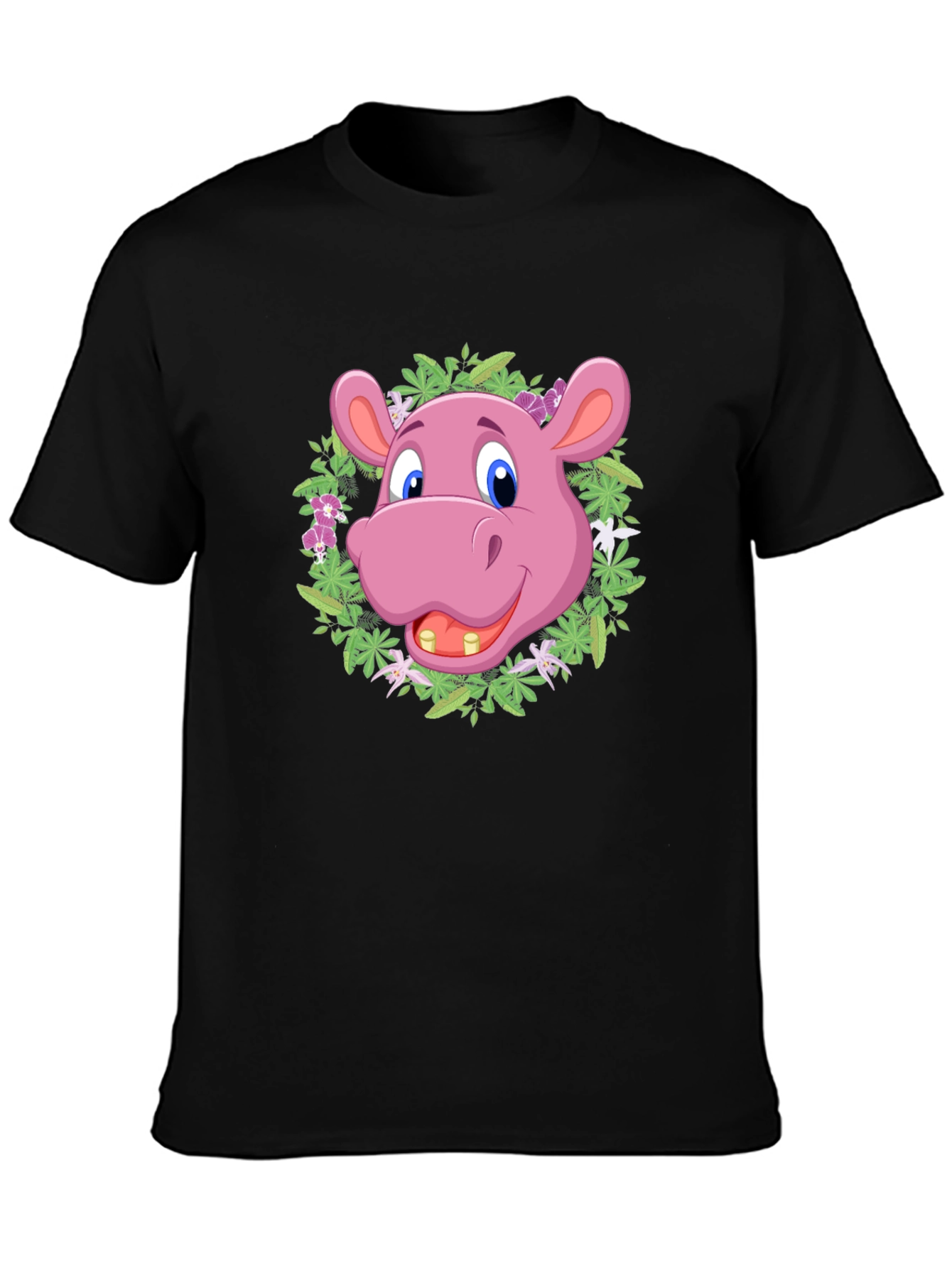 Black Cartoon Hippo Floral Wreath T-Shirt view 3