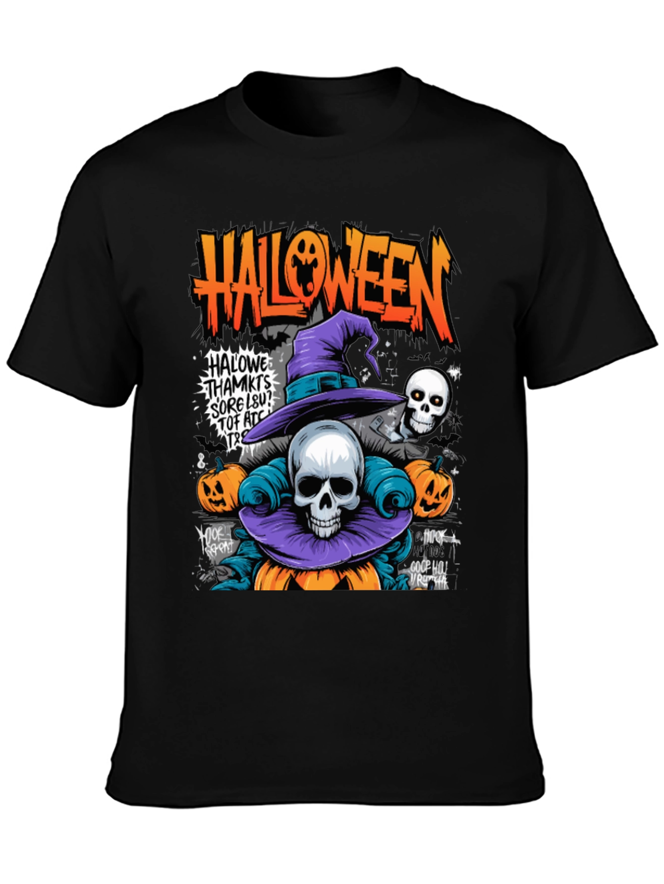 Black Halloween Skull Pumpkin Graphic Tee view 3